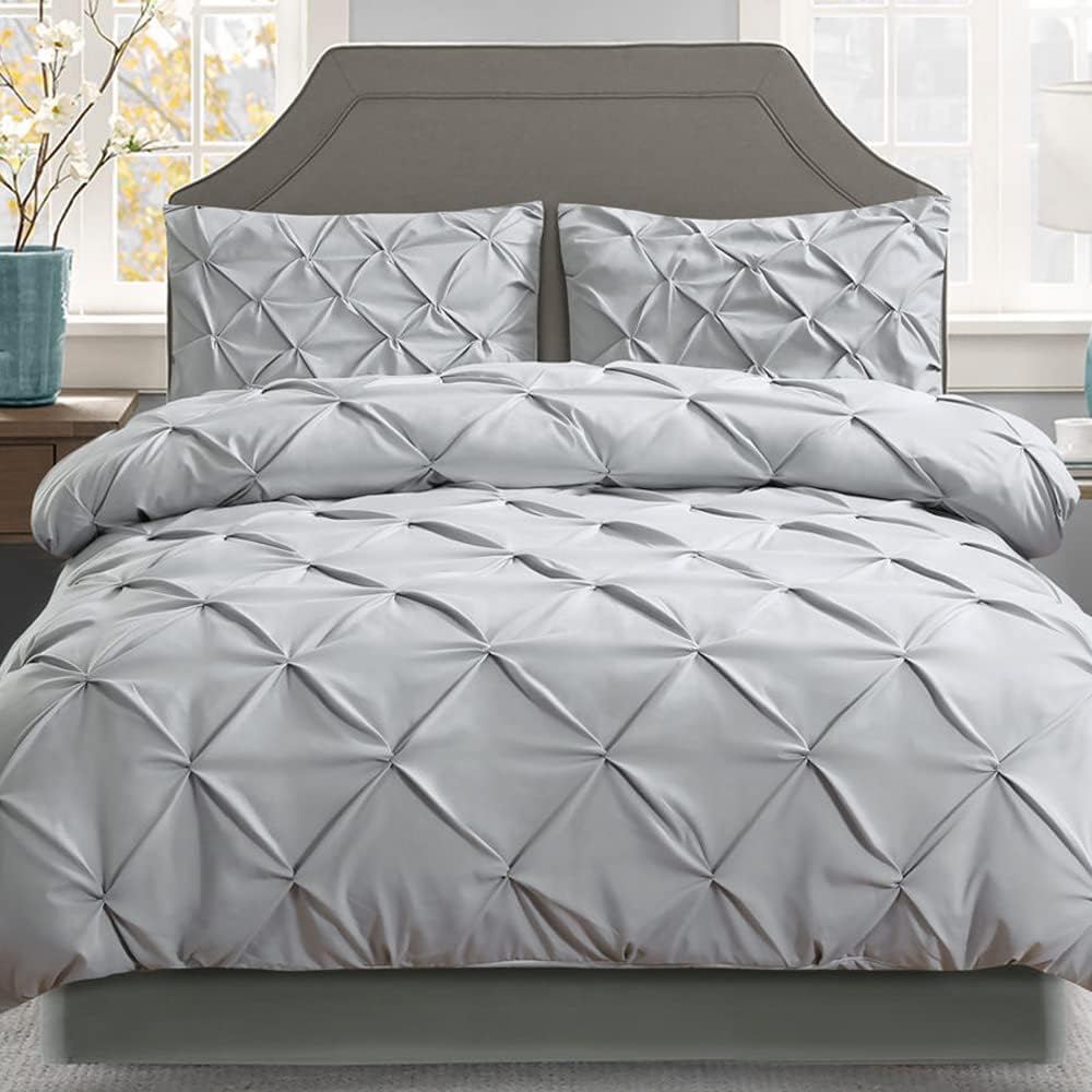 Giselle Bedding Queen Bed Quilt Cover Set, 100% Premium Microfibre 3Pcs Quilts Doona Duvet Comforter Covers Sets Diamond Pinch Pleat Beddings for Room Decor, Soft Machine Washable Grey