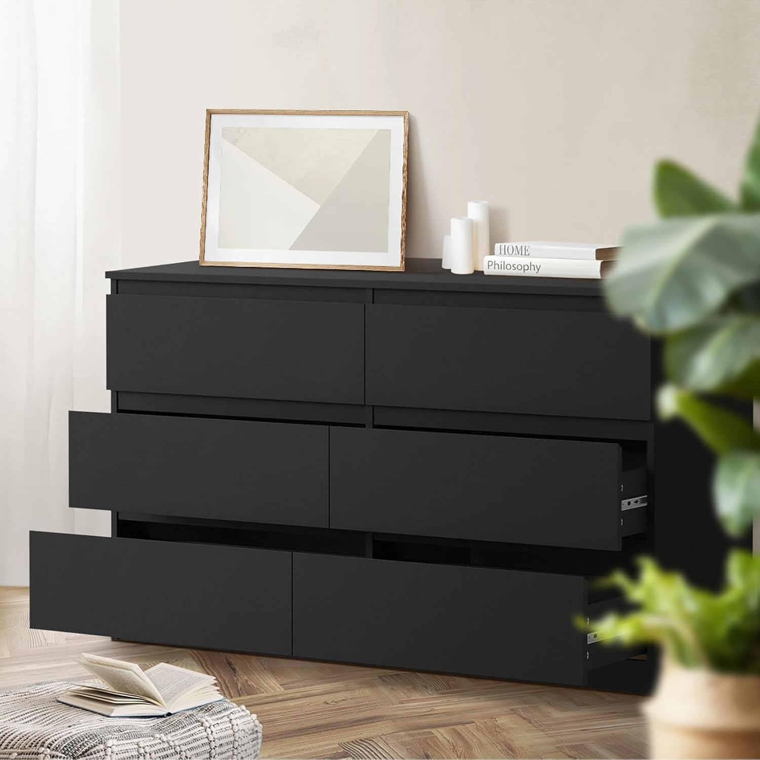 Oikiture Chest of Drawers with 6 Drawers Bedroom Dresser Black - White-Wood image number 4