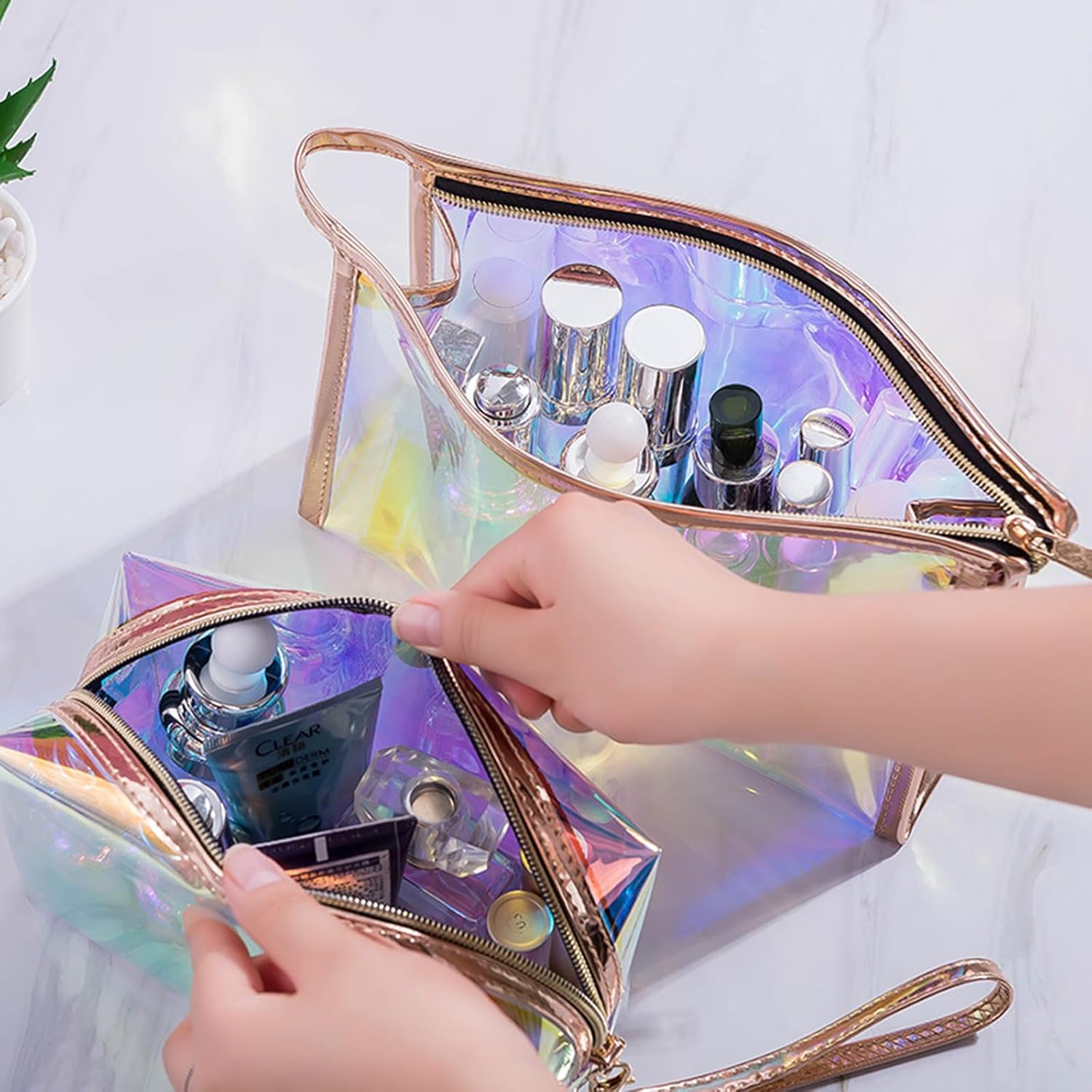 Iridescent Holographic Makeup Bag with Portable Handle, Travel Clear Toiletry Bag, Lipstick Cosmetic Pouch, Waterproof Zipper Beach Bag Make up Organizer Case for Woman Teen Girl, B image number 1