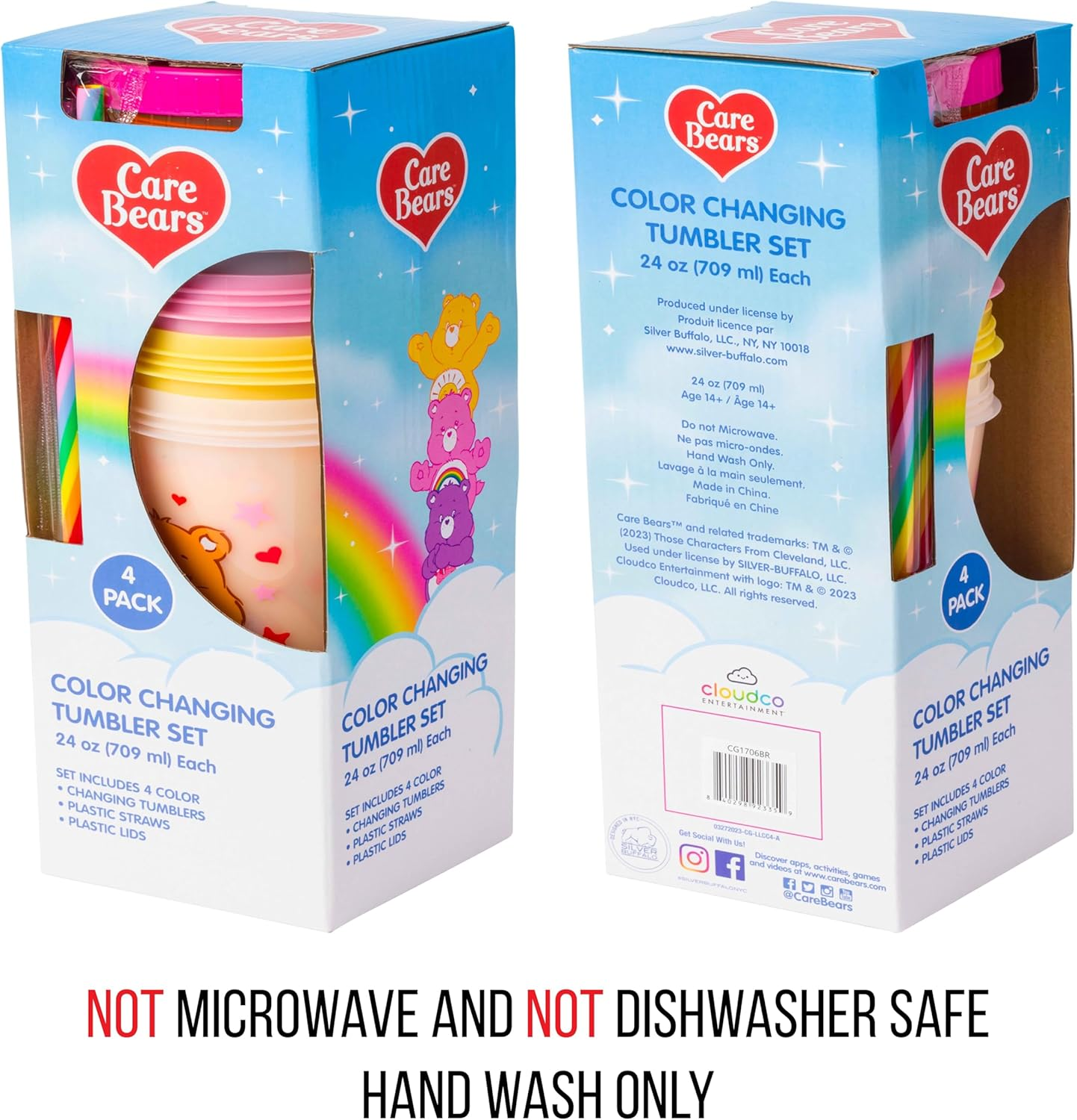 Silver Buffalo Care Bears Hearts Rainbow Swirl Straw 4 Pack Color Change Plastic Tumbler, 24 Ounces - Care Bears Hearts And Stars image number 6