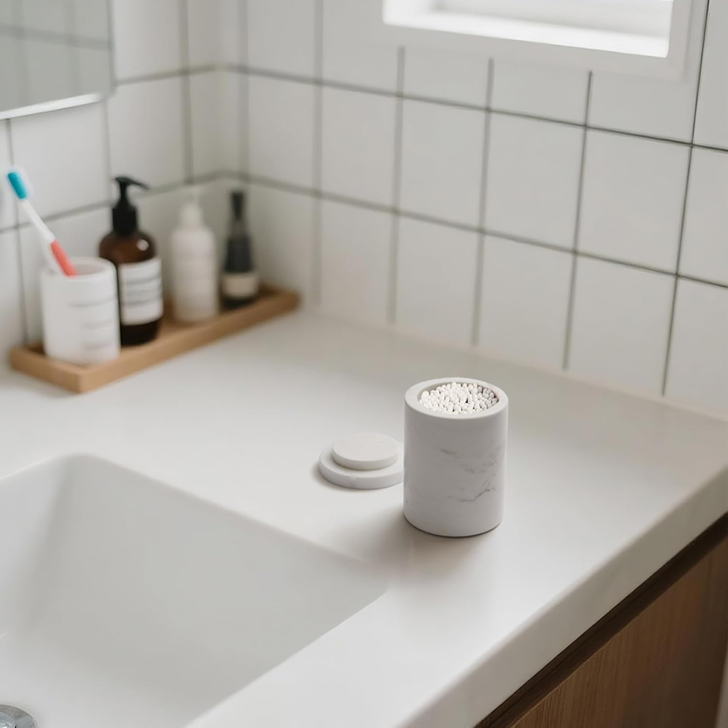 WORHE Marble Canister with Lid Natural Qtip Holder for Cotton Swabs, Balls, Pads, Floss Picks, Bath Salts - Vanity Makeup Storage Organizer Bathroom Essentials Accessories Decor White (DL011) image number 5