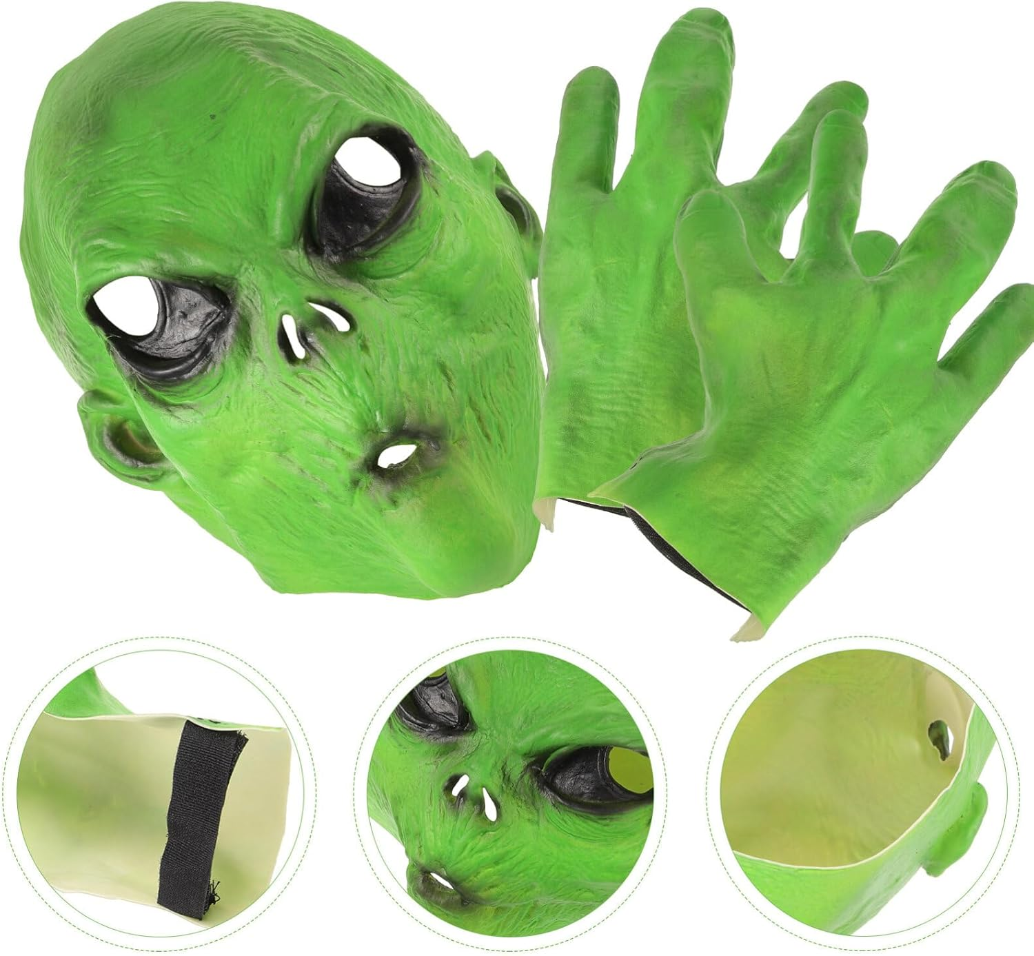 Green Alien Head Mask with Gloves Space Roswell Alien Mask Cool Latex Costume Mask for Party Halloween Dressing Up