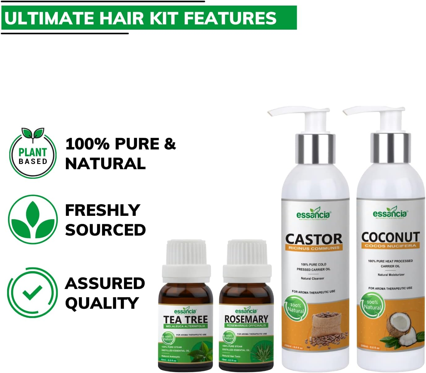Essancia Hair Oils Combo/Hair Care Kit (Castor Oil + Coconut Oil + Tea Tree Oil + Rosemary Oil) Controls Hair Fall - Promotes Healthy Hair Growth image number 3