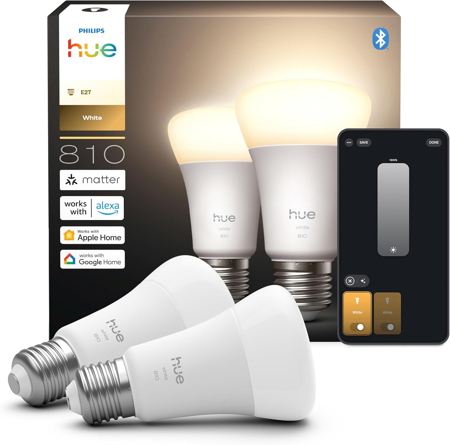 Philips Hue A60 Smart LED Bulb, White and Color Ambiance, E27, 9.5W, Full Spectrum Light 1000K-20000K, 1100 Lumens, Dimmable, Compatible with Alexa, Google Assistant and Apple Home, 2-Pack image number 1