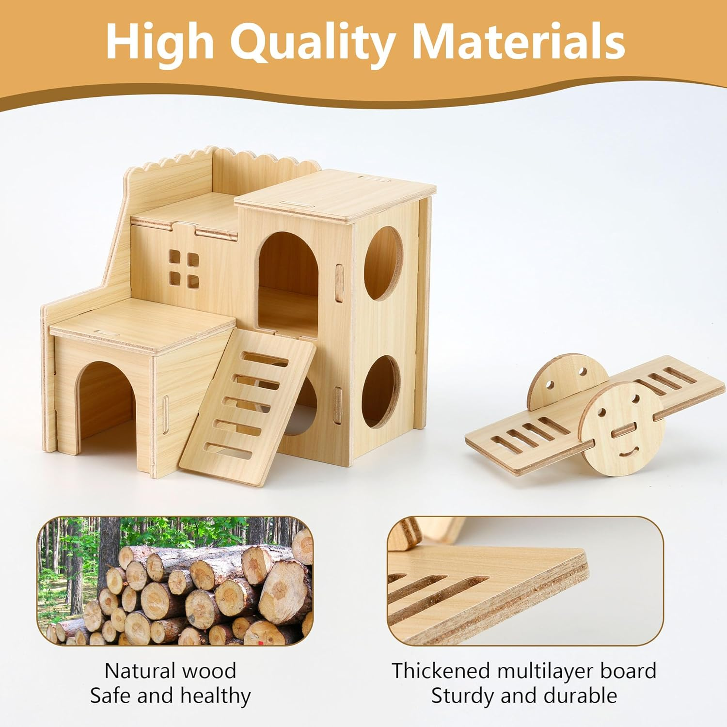 Wooden Hamster Hideout Cage Accessories, Guinea Pig House and Seesaw, Double-Decker Hide Hut with Slide, YITOBA Hamster Chew Toys for Pet Rats, Hamster Platform for Dwarf Gerbils (Two-Story) image number 2