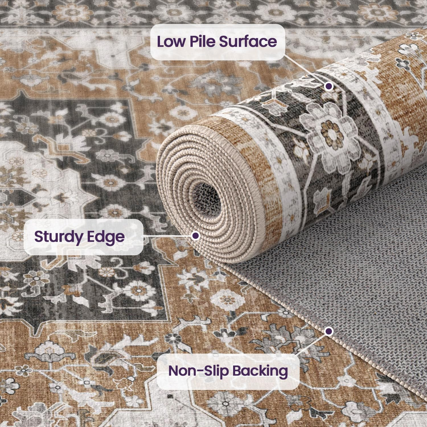 DEXI Area Rug Washable 152 X 244 Cm, Non Slip Living Room Rugs Low Pile, Soft Floral Accent Carpet for Rustic Vintage Farmhouse Bedroom Hallway Dining Hardwood Floors, Brown image number 3