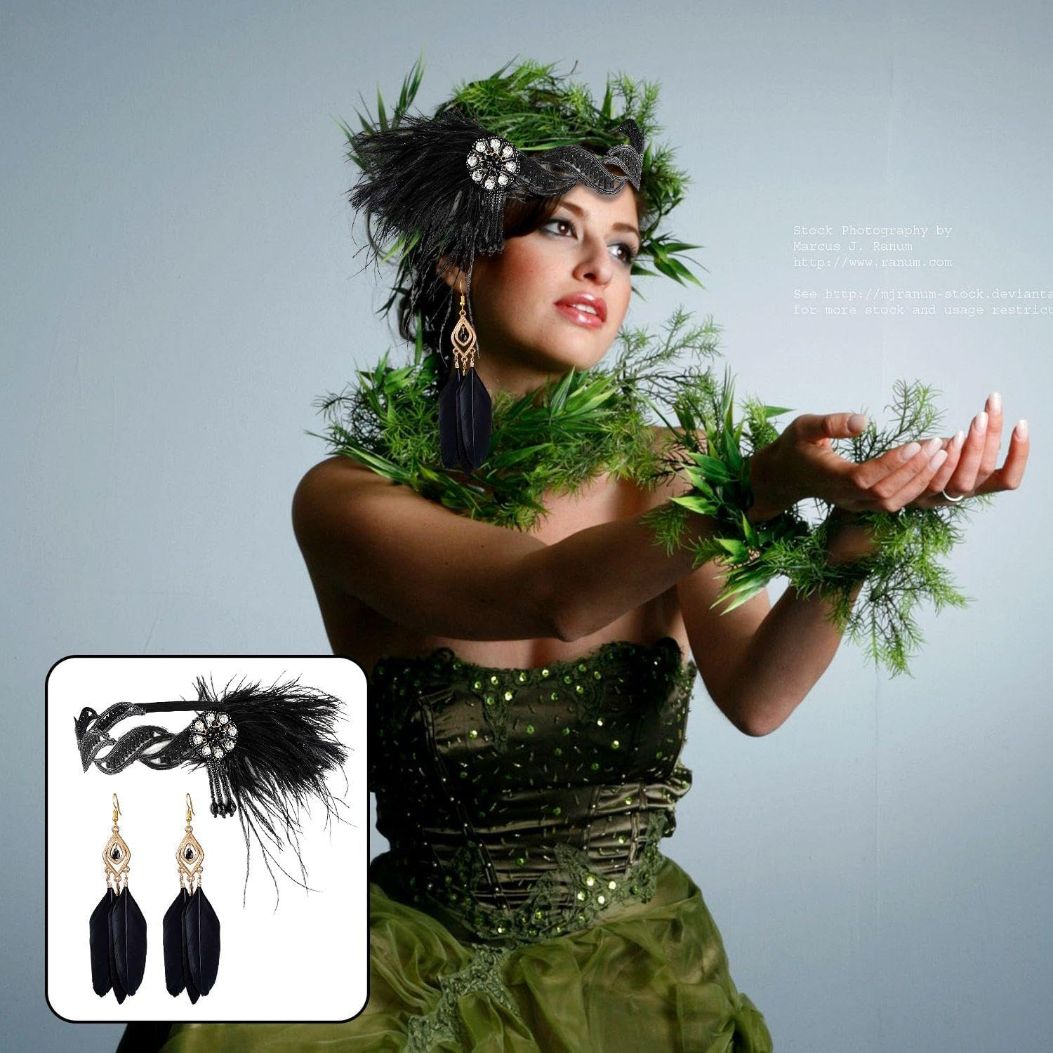 1 Piece Feather Hair Accessories and 1 Pair Feather Earrings, Vintage Accessories for Women, Role Play, Prom Costume Accessories image number 1