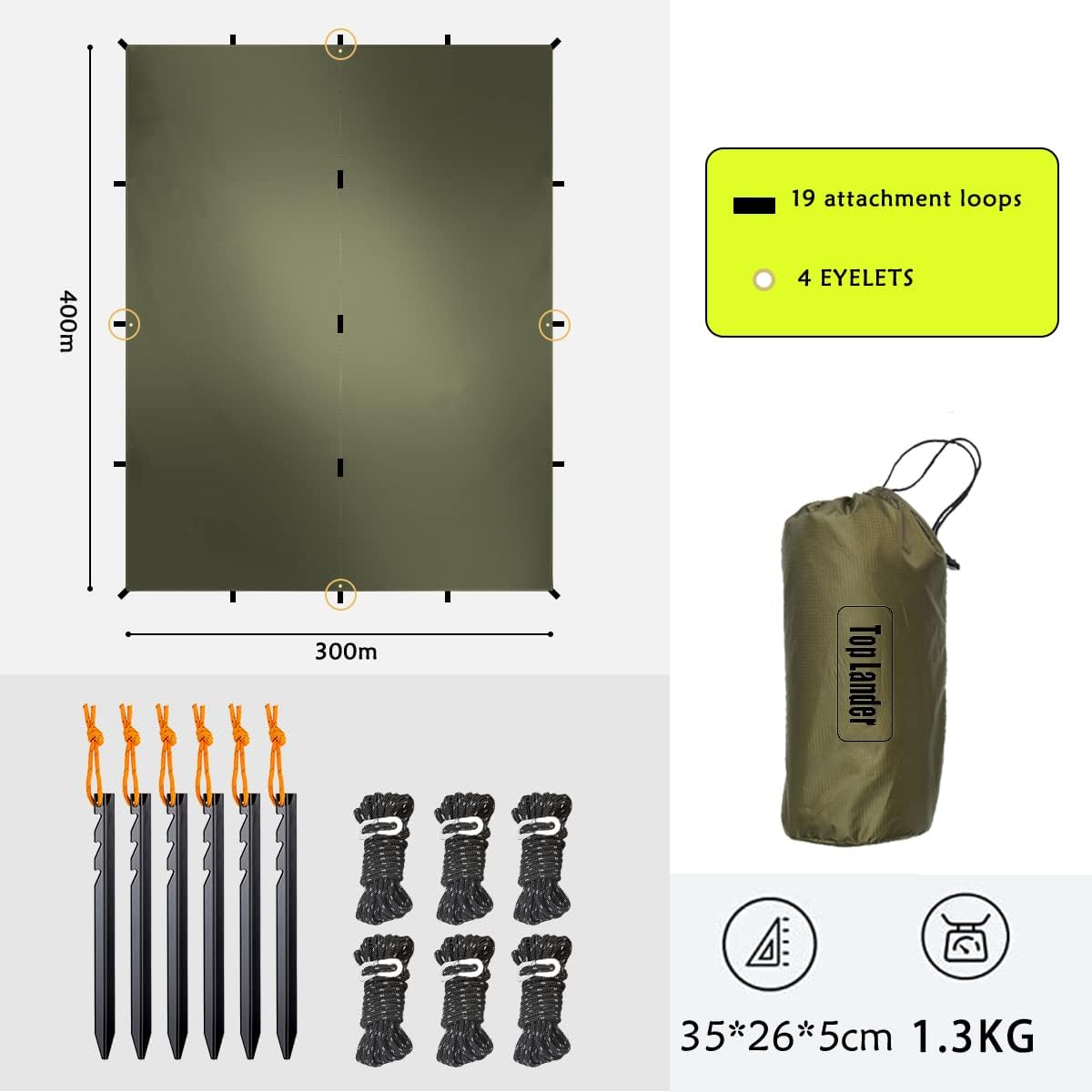 Large Waterproof Camping Tarp Tent Shelter Lightweight Backpacking Hiking Hammock Rain Fly Sun Shade (Olive Green||3X4M Tarp with 19 Loops) - Olive Green||3X4M Tarp With 19 Loops image number 2