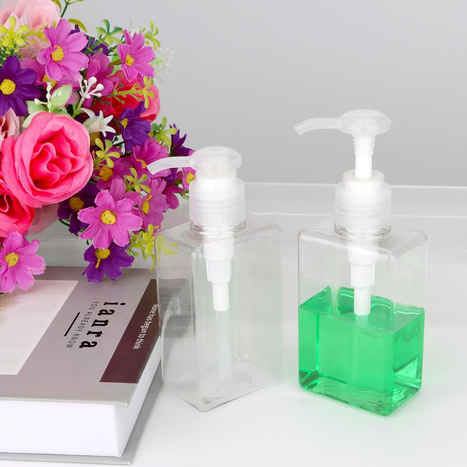 150Ml (5.1Oz) Pump Bottle Dispenser Jansburg 2 Pack Refillable Flat Square Plastic Lotion Dispenser Leakproof Empty Lotion Pump Bottle for Essential Oil Soap Lotion Shampoo Clear - Clear image number 4