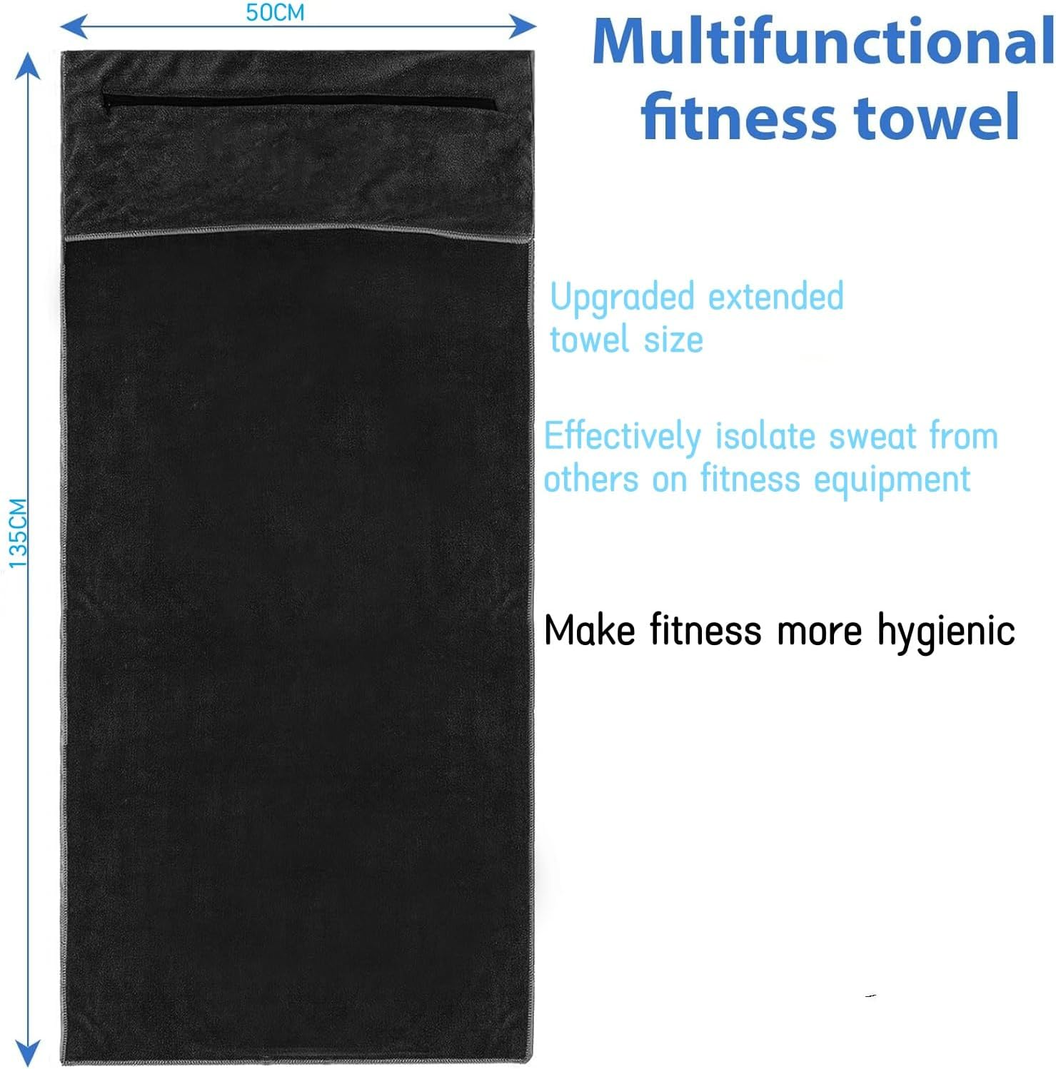 Fitness Towel, 135 X 50 Cm, Sports Towel, Suitable for Fitness Training and Sports, Microfibre, Absorbent and Soft Gym Towels, with Zip Pocket (1, Black) image number 1