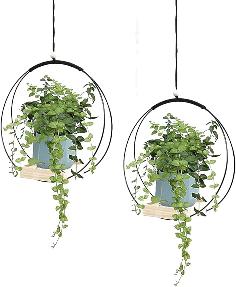 Hanging Planter with Wood Base, Modern Macrame Plant Hanger for Indoor Outdoor Wall Ceiling Window Boho Home Decoration, Black(Planter/Plants Not Included) image number 3