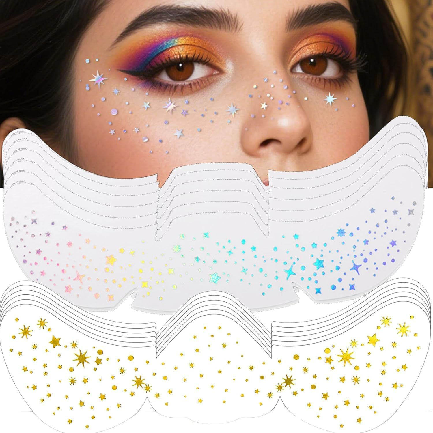 Glitter Freckles Face Tattoo, 12 Pcs Multichrome Holographic Sparkle Face Glitter Freckles Speckles Stickers, Waterproof Metallic Cute Star Temporary Tattoo Stickers Makeup Festival Rave Accessories image number 5