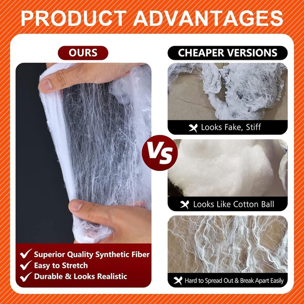 420G Halloween Cobweb Spider Decor 1400Sqft Webs with 150 PCS Spiders, Super Stretchy Spider Webbing with 150 Fake Spiders for Scary Indoor & Outdoor Halloween Decorations image number 1