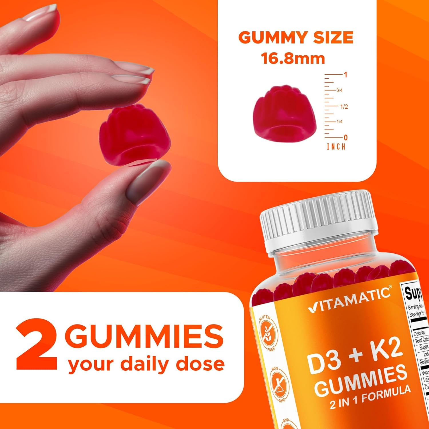 Vitamatic Vitamin D3 K2 Gummies - 60 Count - Supports Healthy Bone, Heart & Calcium Absorption, & Immune Health - Plant Based, Non-Gmo, Gluten Free image number 3