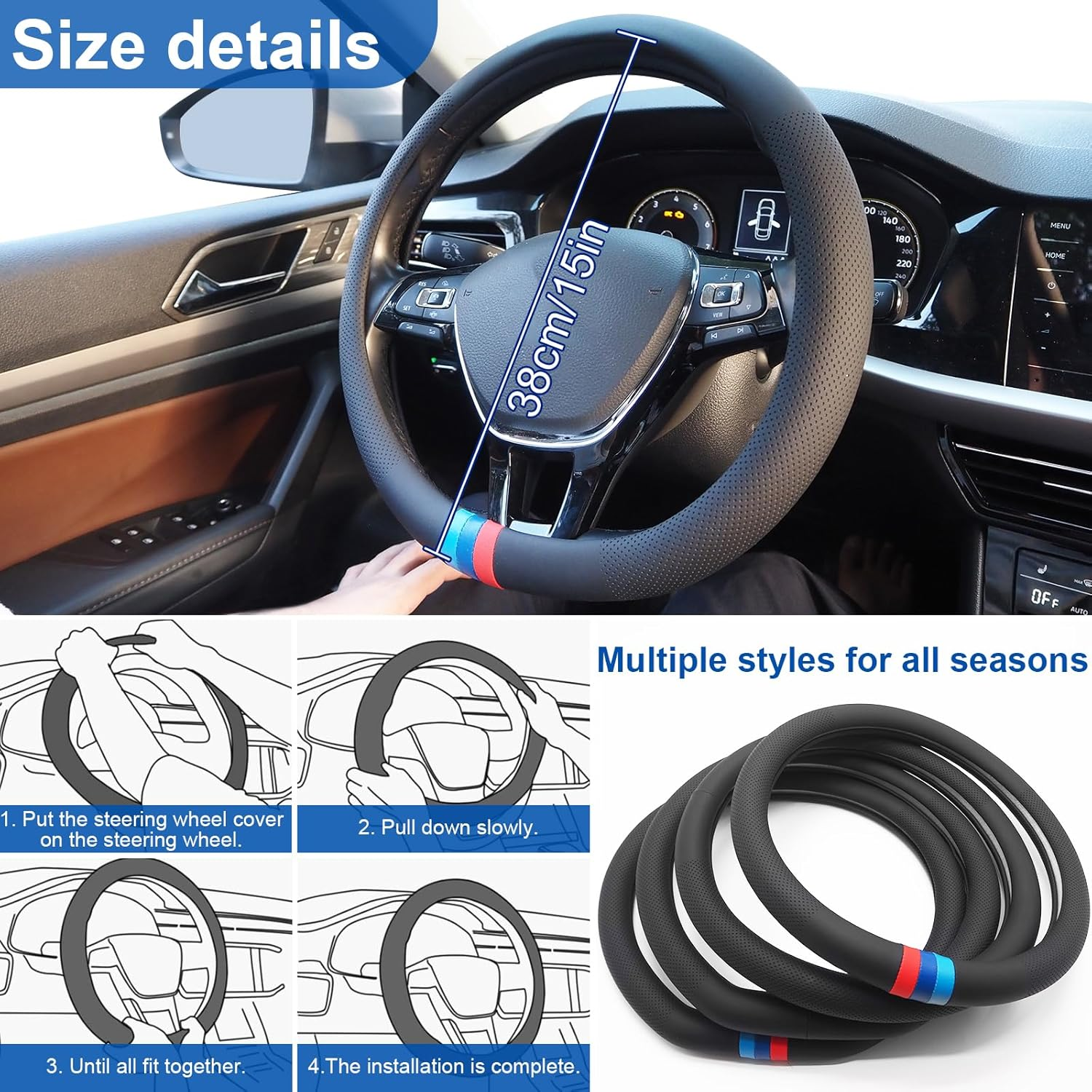 Nappa Leather Car Steering Wheel Cover for 14-15 Inches, Anti-Slip Soft Leather Steering Wheel Cover Full Surround, Universal Breathable O-Shaped, D-Shaped Steering Wheel Protector (3 Color-O Shaped)