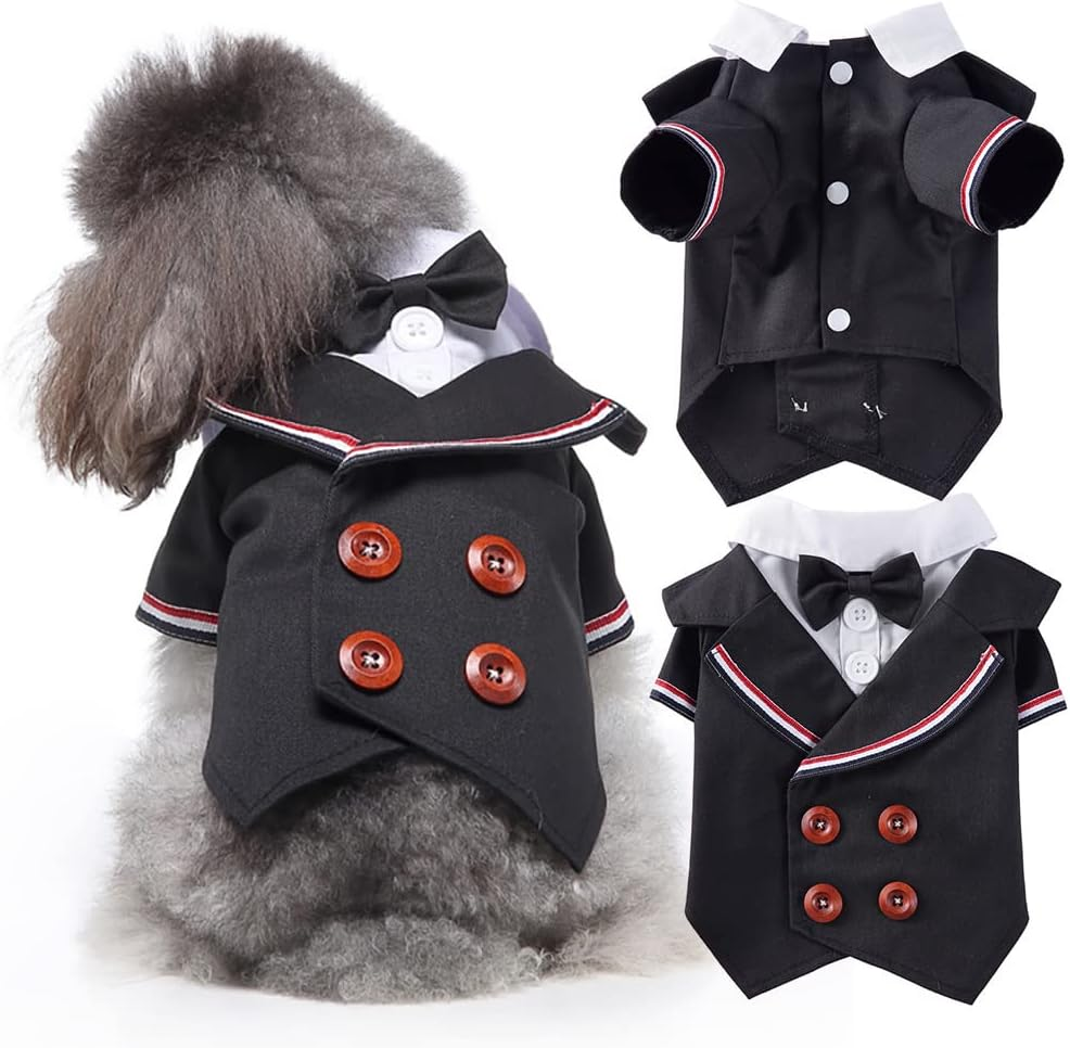 DENTRUN Dog Tuxedo Suit with Bow Tie - Formal Black & White Striped Pet Costume Shirt, Elegant Wedding Outfit Birthday Party Attire for Chihuahua Yorkie Shih Tzu Pomeranian Small Dogs, S