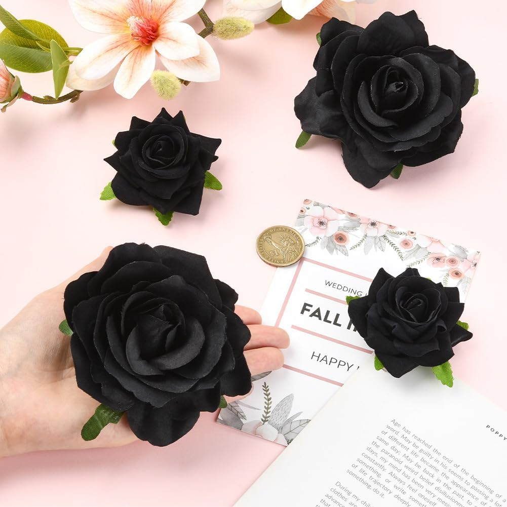 SOFPLATE Pack of 4 Black Rose Hair Clips Flowers Hair Brooch 2 in 1 Fabric Flower Clips Brooches Hats Bags Clothing Hair Pins Decoration Accessories for Wedding Party Halloween Fancy Dress Accessories image number 2