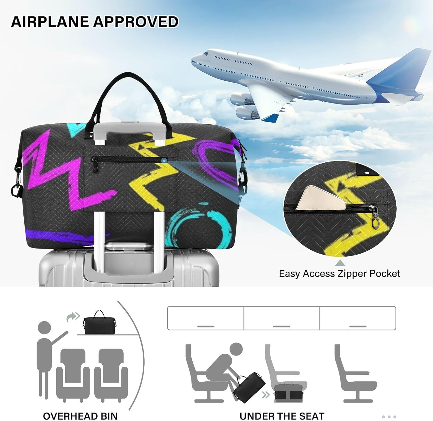 Colorful Art Trend Graffiti Overnight Travel Duffel Bag Travel Weekender Gear Bag Gym Duffel Bag with Toiletry Bag for Hiking Foldable, Colorful Art Trend Graffiti, 1 Size image number 3