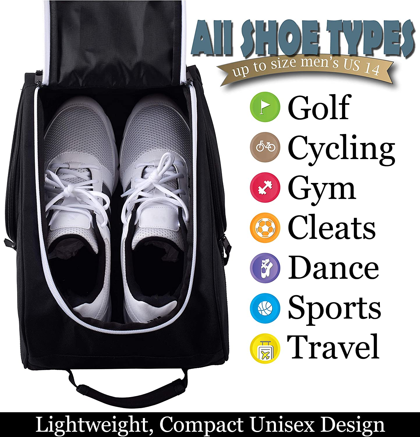Athletico Golf Shoe Bag - Zippered Shoe Carrier Bags Ventilation & outside Pocket Socks, Tees, Etc. - Black image number 5