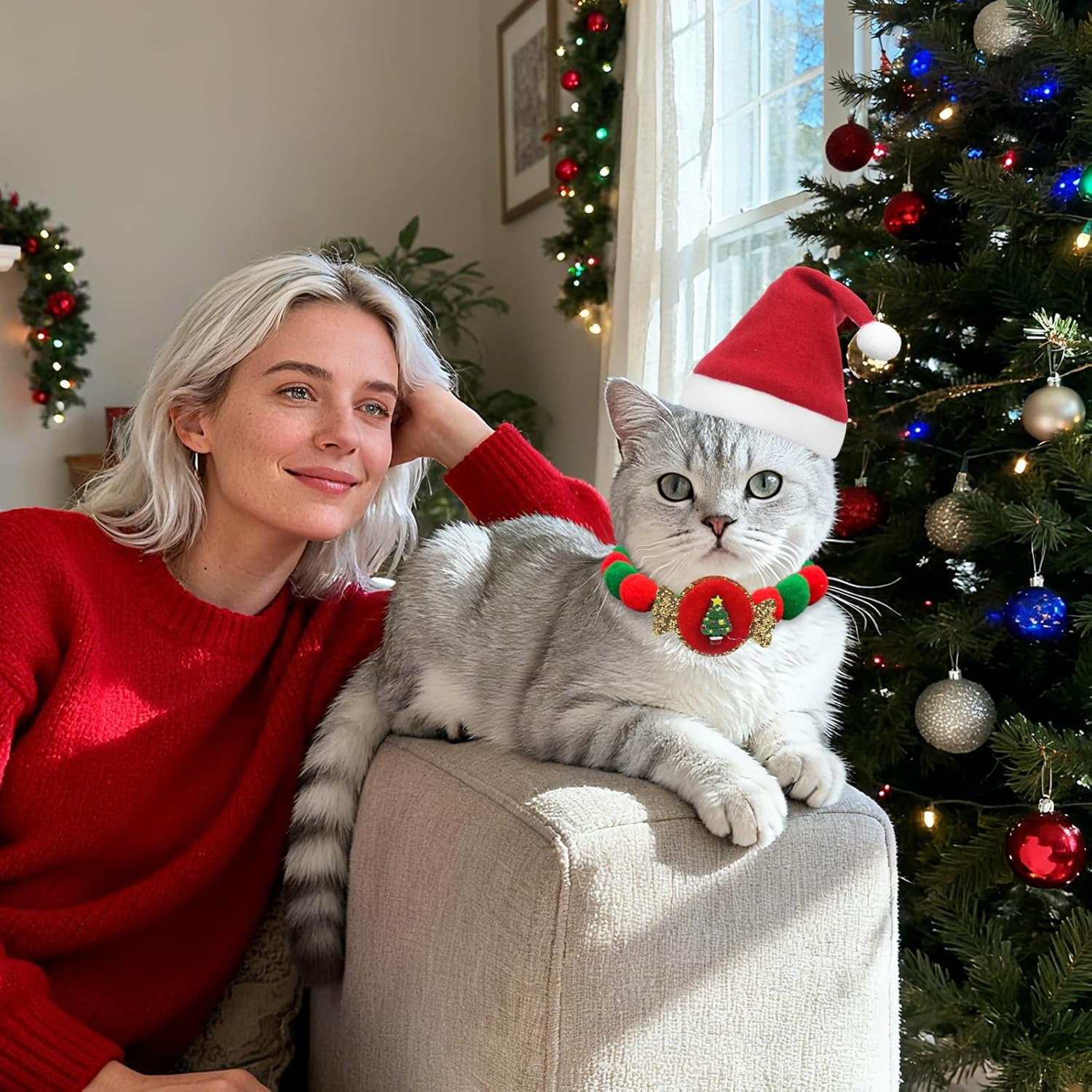 Pack of 4 Christmas Costume for Cats, Christmas Hat Cat, Cat Clothing, Pet Costume Christmas Collar Cat Santa Hat Christmas Costume Gift for Cats Dogs Puppies image number 5