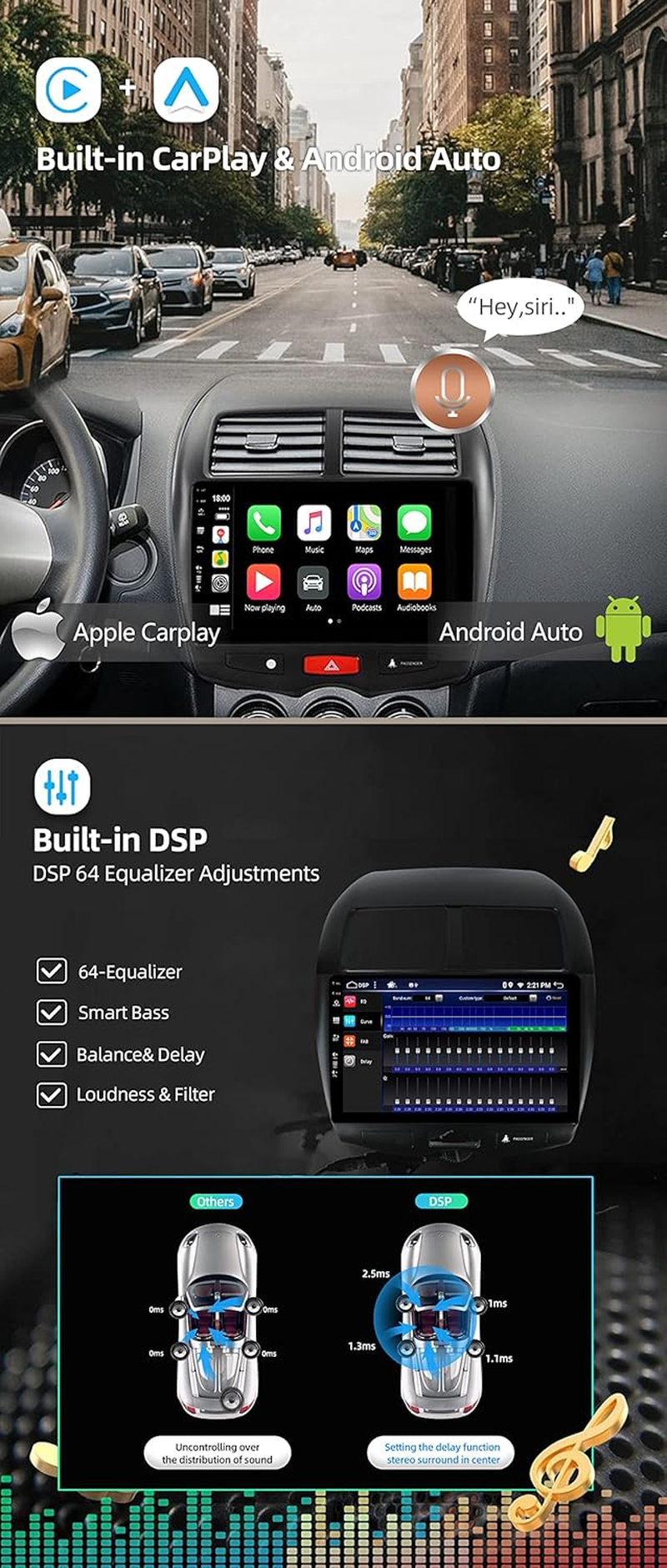6G+128G - Android 14 IPS Car Stereo for Mitsubishi ASX (2010-2019) - Wireless Carplay/Android Auto - LED Camera + MIC - 10.1 Inch 2 Din - DAB Steering Wheel Fast-Boot 360-CAM AHD Wifi image number 2