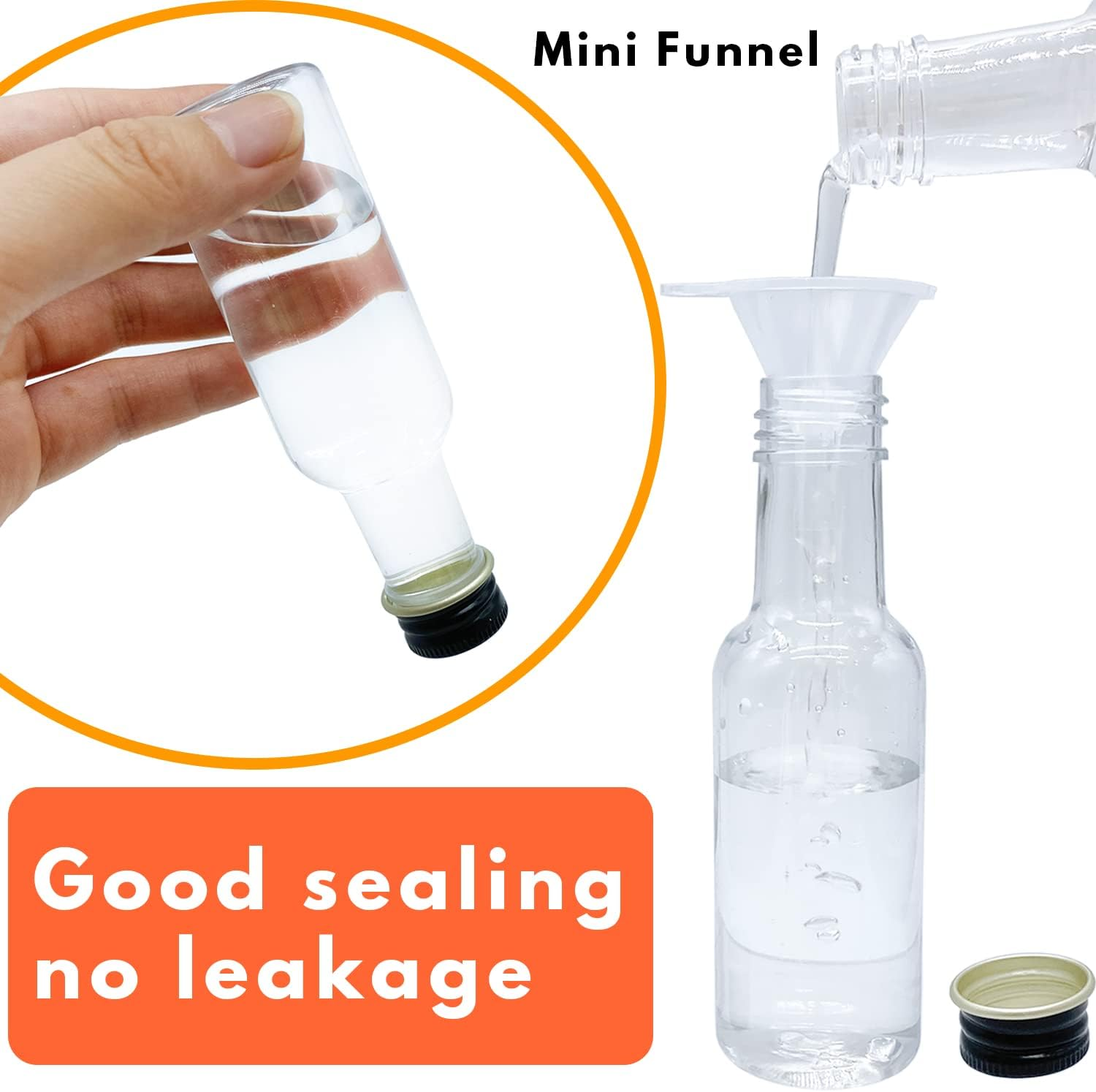 Mini Plastic Spirit Bottles, 30 Pack Airtight with Black Cap, 1.7Oz Empty with 10 Funnels, Perfect for Weddings & Parties image number 2