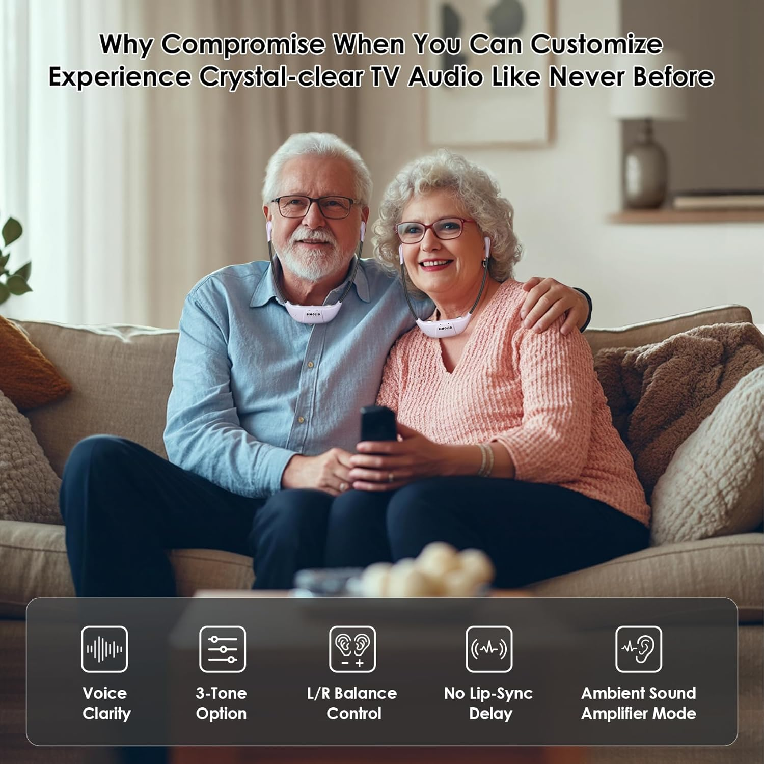 SIMOLIO Digital 2.4Ghz Dual Wireless TV Headphones with Spare Battery for Hearing Impaired and Seniors, Tone and Balance Control, Personal Sound Amplifier, 100 Ft Work Range, No Audio Delay, SM-824D2 image number 1