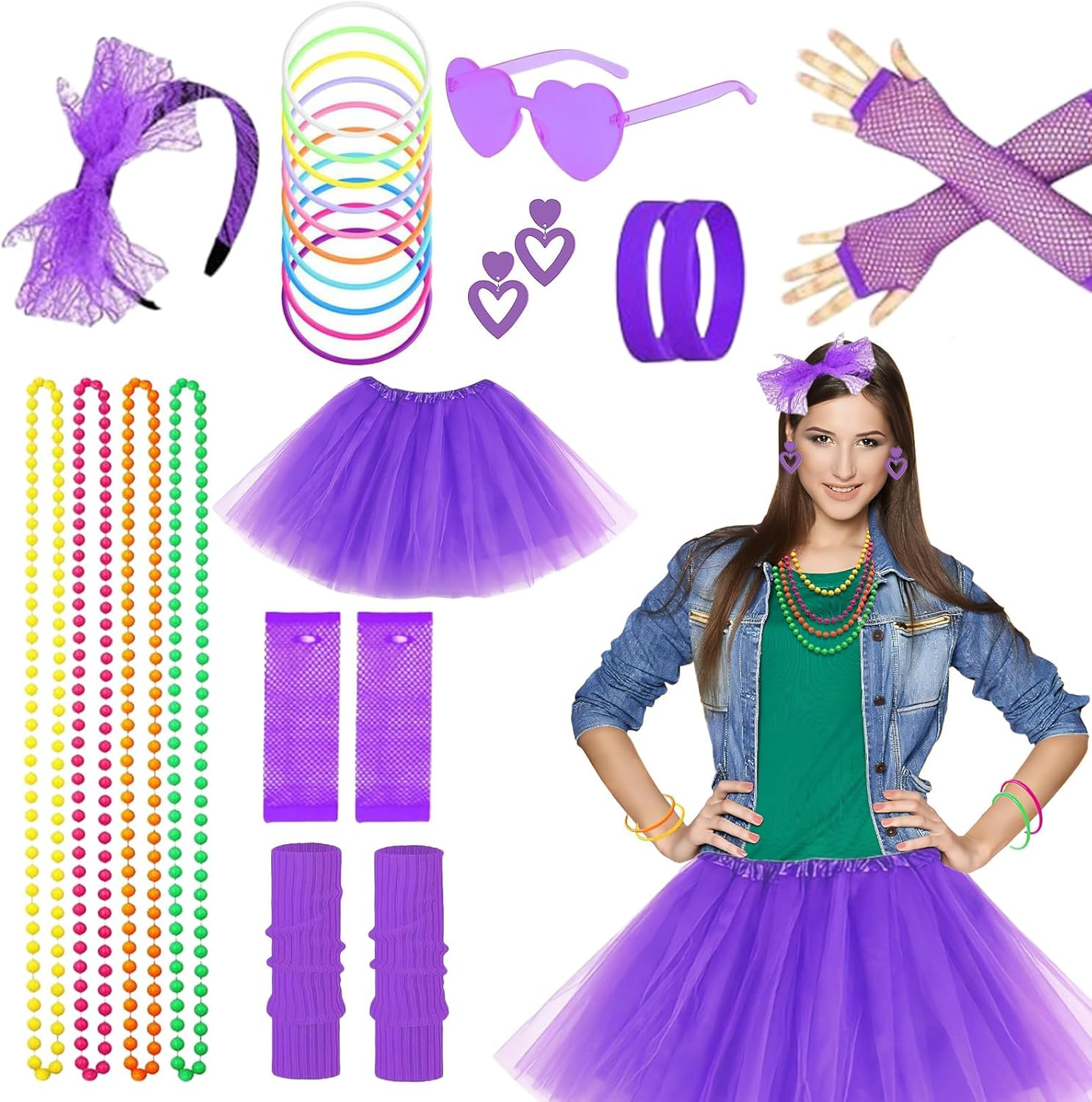 80S Party Decoration Costume Set, 80S Fancy Dress for Women with Leg Warmers,Sunglasses, Tutu Skirt, Earrings, Fishnet Gloves, Necklace, Party Costume Accessories Set for Retro Theme Party image number 3