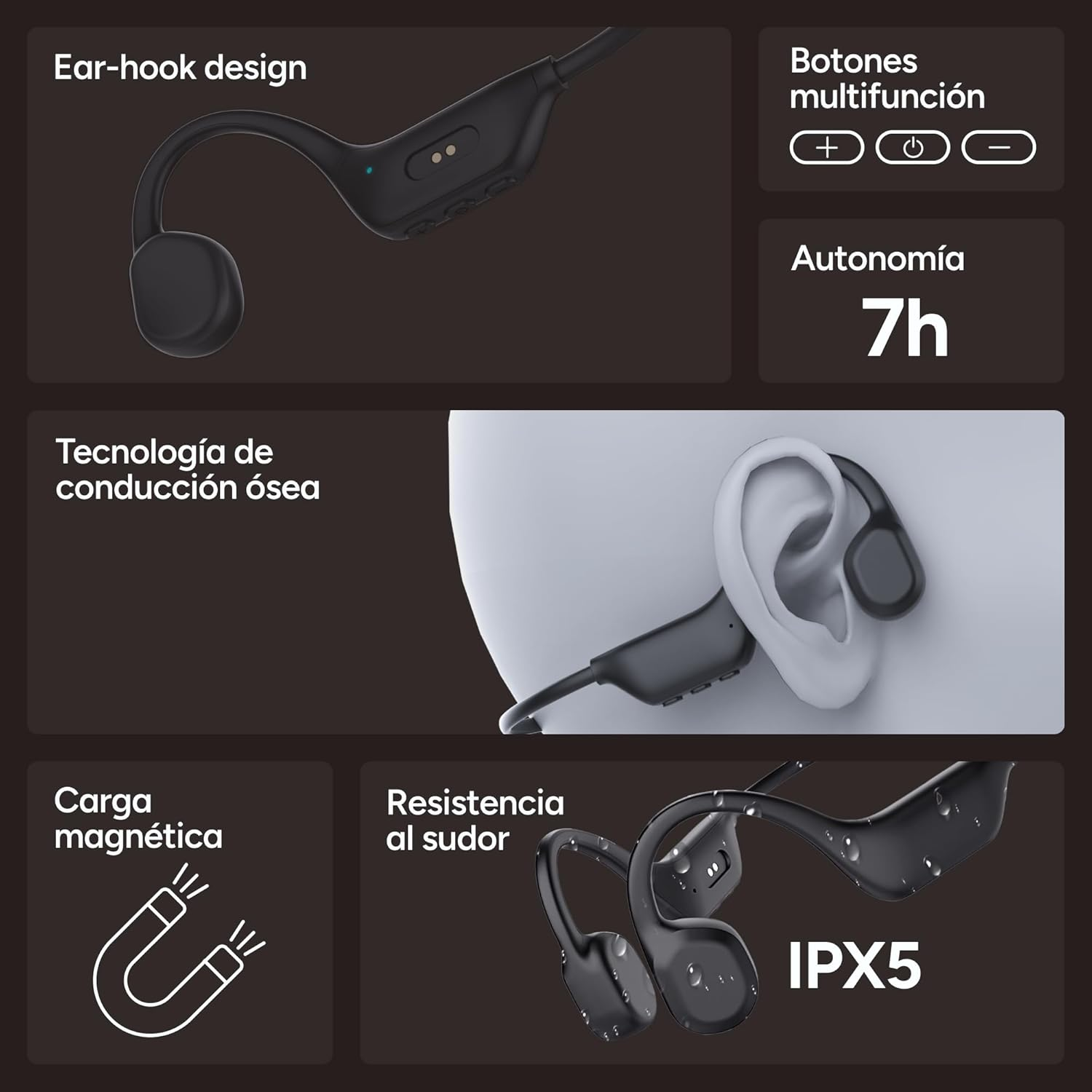 KSIX Astro 2 Wireless Sports Headphones, Microphone for Calls, Open-Ear Comfort for Running, Voice Assistant, Waterproof, Control with Buttons, 7 Hours Autonomy, Matte image number 4
