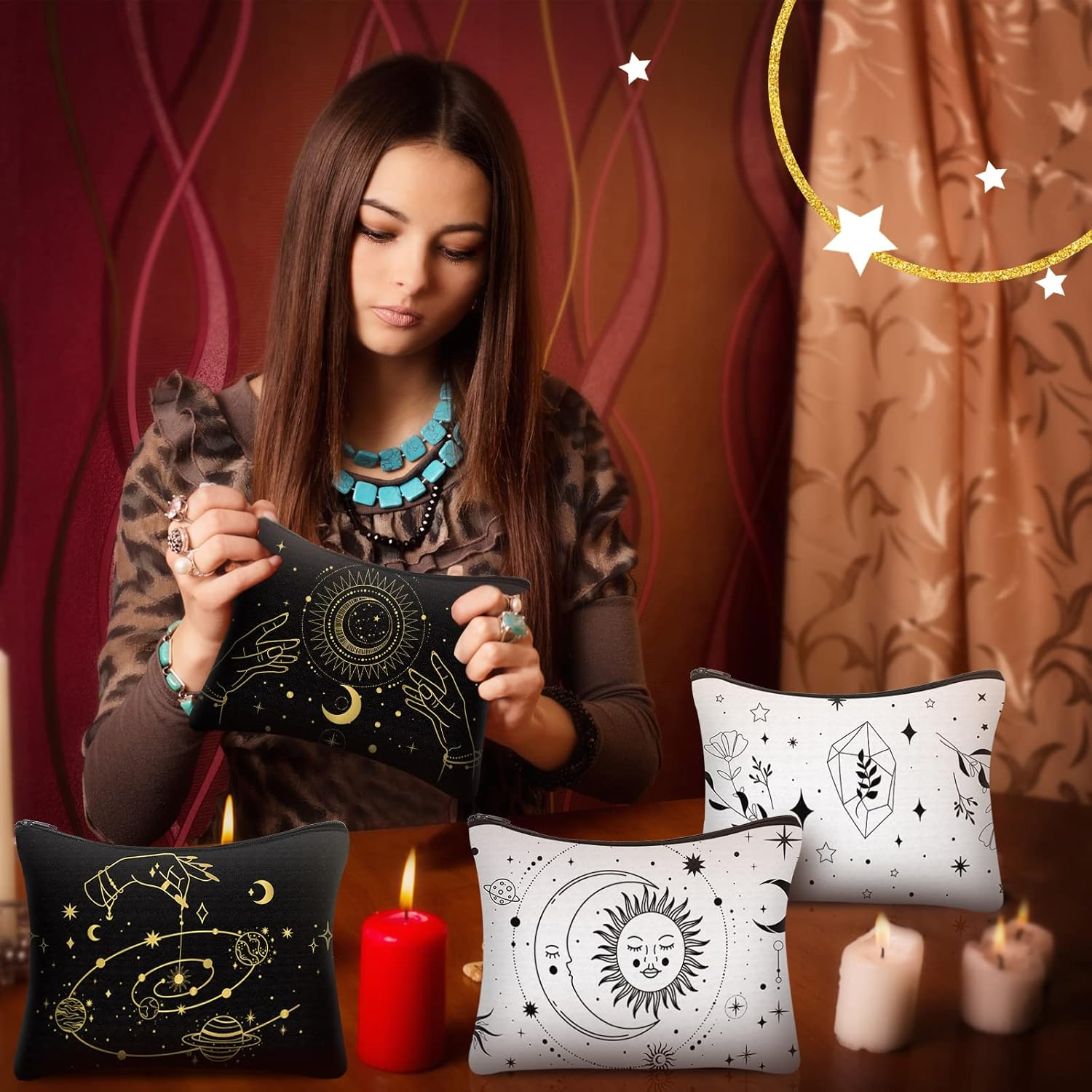 Amylove 12 Pieces Moon Zipper Pouch Bag Witch Tarot Cards Phase Bag Crystals Cosmetic Witchy Purse Toiletry Aesthetic Gothic Makeup Pouch for Women Girls, White and Black image number 3