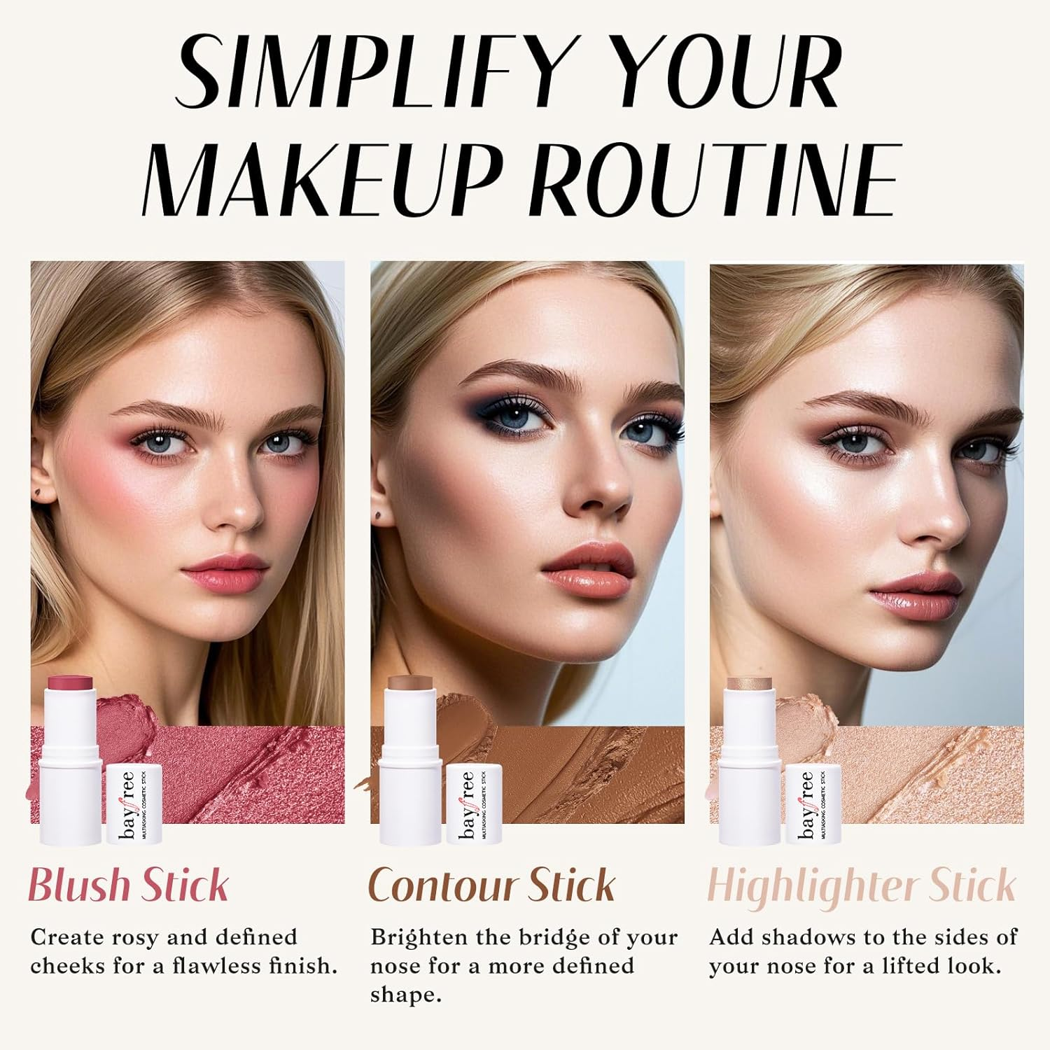 KIMUSE Face Sticks Trio, Cream Blush & Highlighter & Contour Stick for Sculpt the Cheeks, Long Lasting Cream Contour Stick Trio for Face Makeup, with Brush image number 4