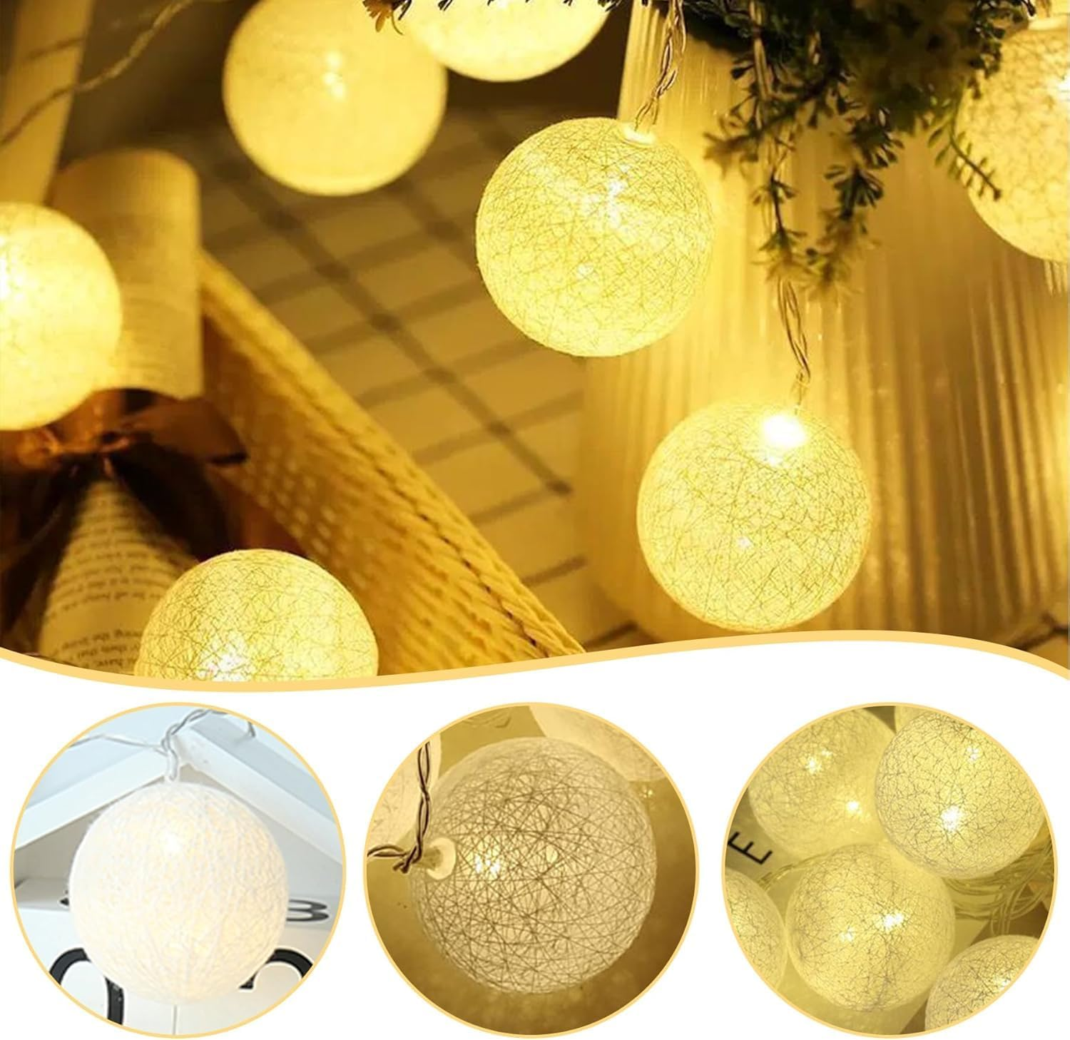 LED Fairy Lights Cotton Balls, 1.5 M 10 LED Balls Fairy Lights, Battery Operated, Cotton Ball Fairy Lights for Christmas, Wedding, Children'S Room, Party Decoration image number 5