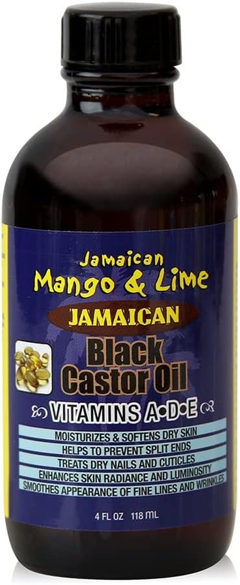 Jamaican Mango & Lime Vitamins A-D-E Black Castor Oil &ndash; Fast Absorbing, Nourishing Natural Oil, Moisturizes Dry Flaky Scalp & Softens Skin - Relieves Itching, Repair & Prevent Breakage, 4 Fl Oz