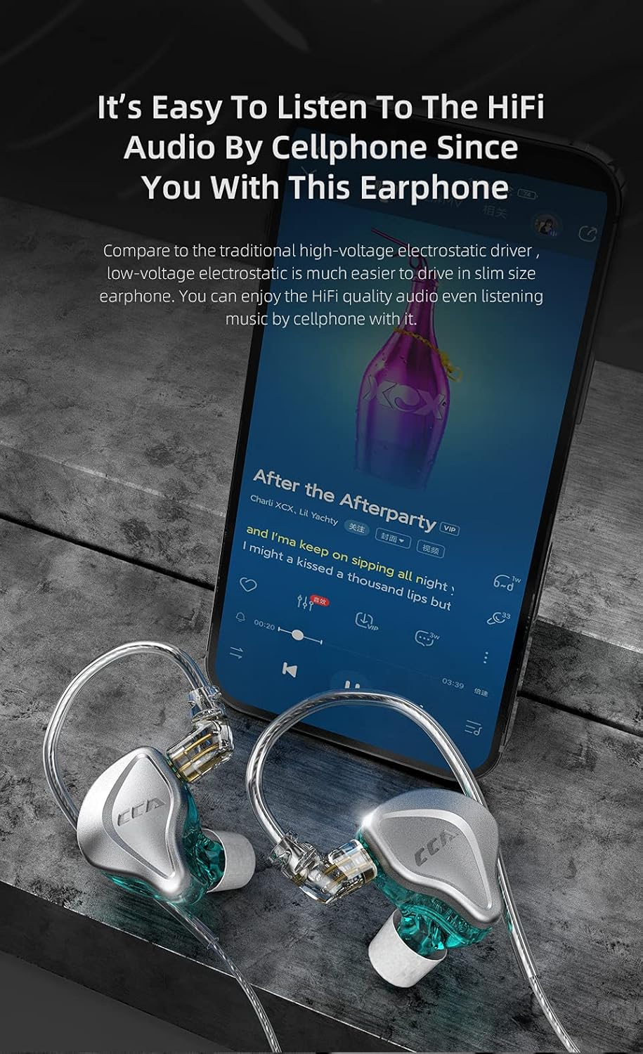 H HIFIHEAR CCA NRA Hifi Headphones, Electric Dynamic Magnetic Combination Noise Isolating Resin In-Ear Headphones, No Mic image number 2