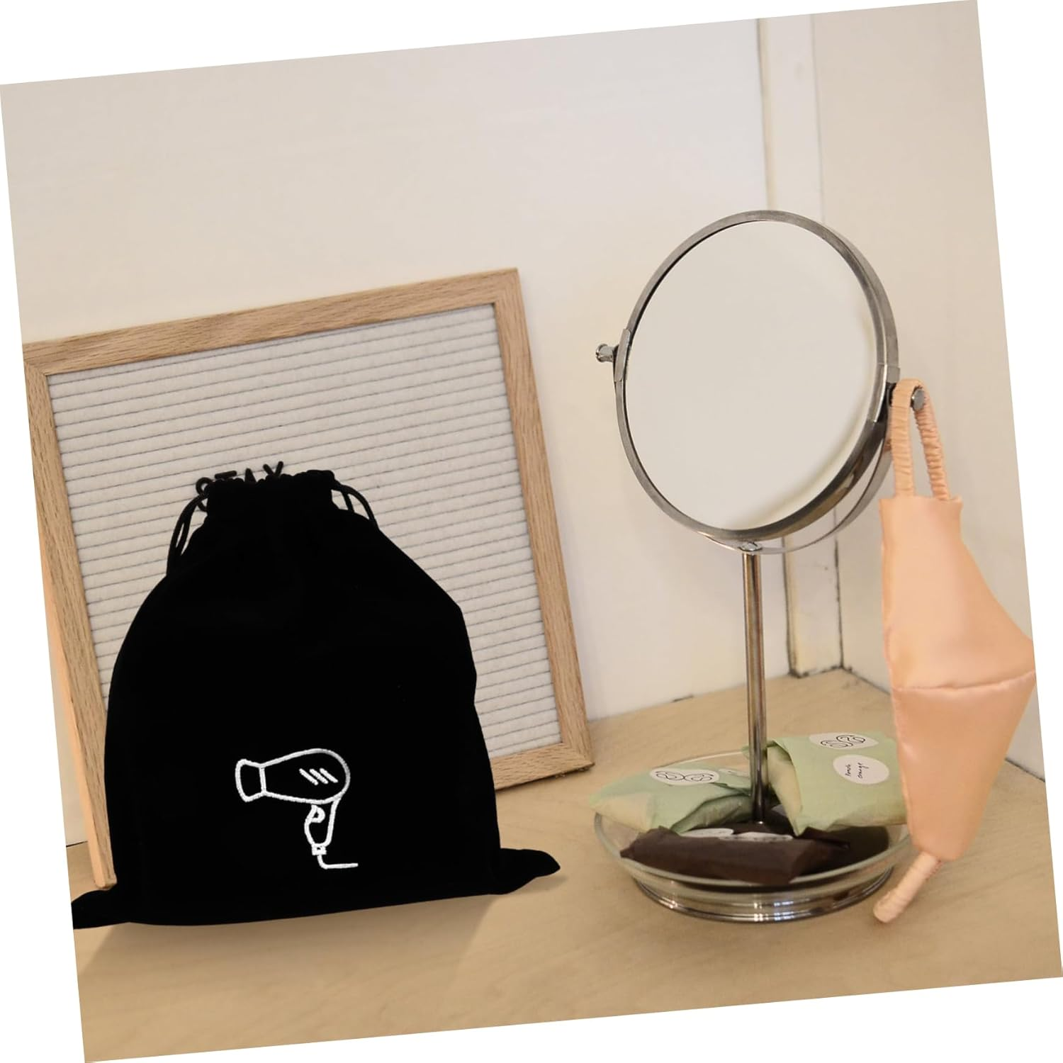 CTIRCHIU Black Flannel Hair Dryer Storage Pouch with Drawstring Closure Capacity Travel Bag for Guest Organization and Easy Hanging