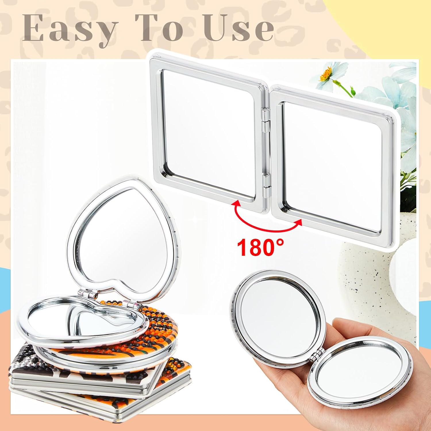 Marsui 4 Pcs Diamond Painting Compact Mirror Art Kits for Adults DIY Pocket Mirror Art Cover Portable Folding Purse Looking Glass for Women(Animal Skin) image number 6