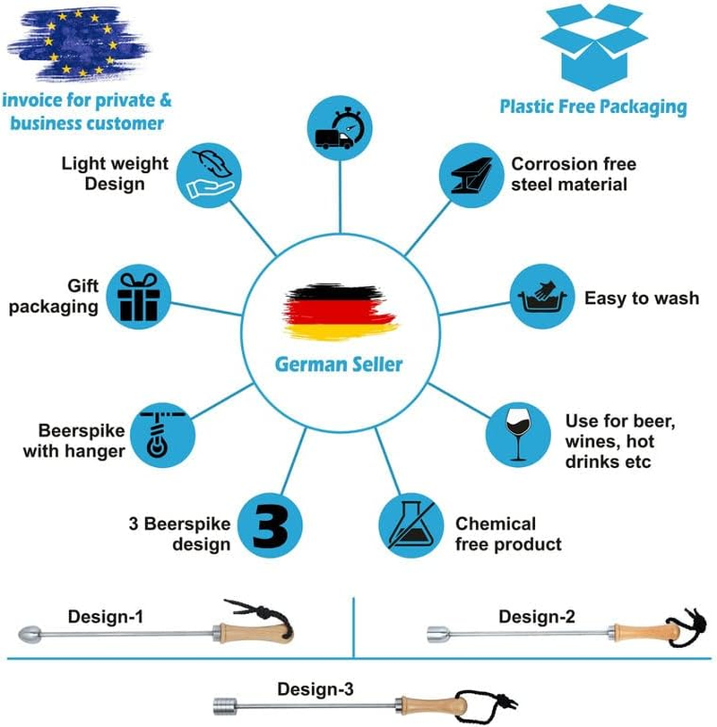 INDIAN STORE 24 Beer Spike Beer Caranelizer Beer Carameliser Beer Warmer Real Wood Handle 100% Food Safe and Rustproof Stainless Steel Ball (Shape 3)