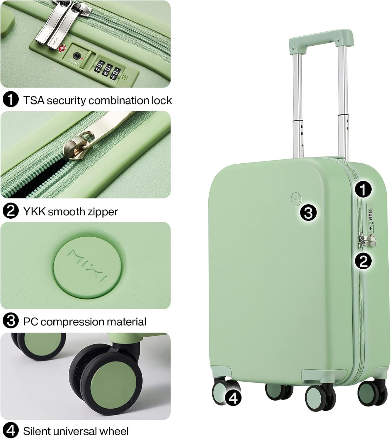 Mixi 20 Inch Hardshell Carry-On Luggage,Lightweight Rolling Suitcase with 360&deg;Spinner Wheels,Combination Lock,Organised Interior & Cover,Ideal for Business Travel, Avocado Green