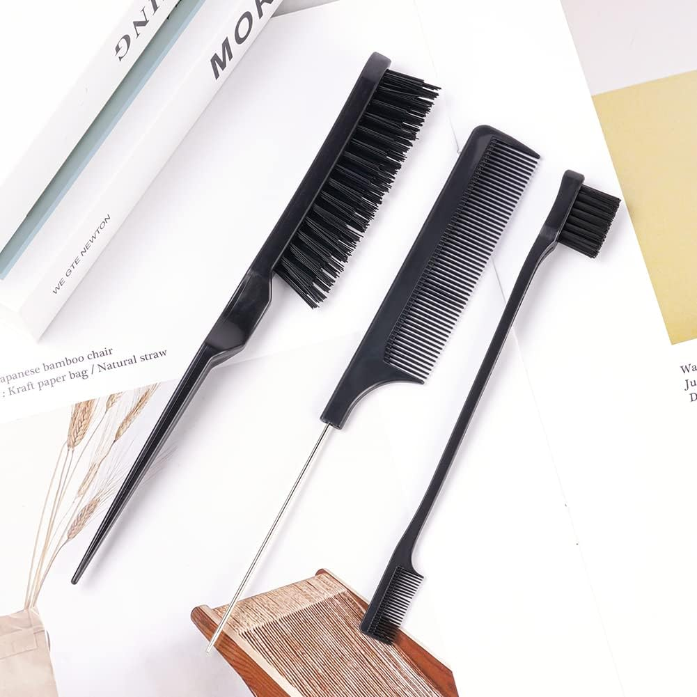 AOOWU 3 Pcs Slick Brush Set, Volume Creating Teasing Brush Set, Hair Styling Comb Set Include Bristle Hair Brush Double Sided Edge Brush Rat Tail Comb for Women Kids Edge Back Hair Smoothing (Black) - Black image number 6