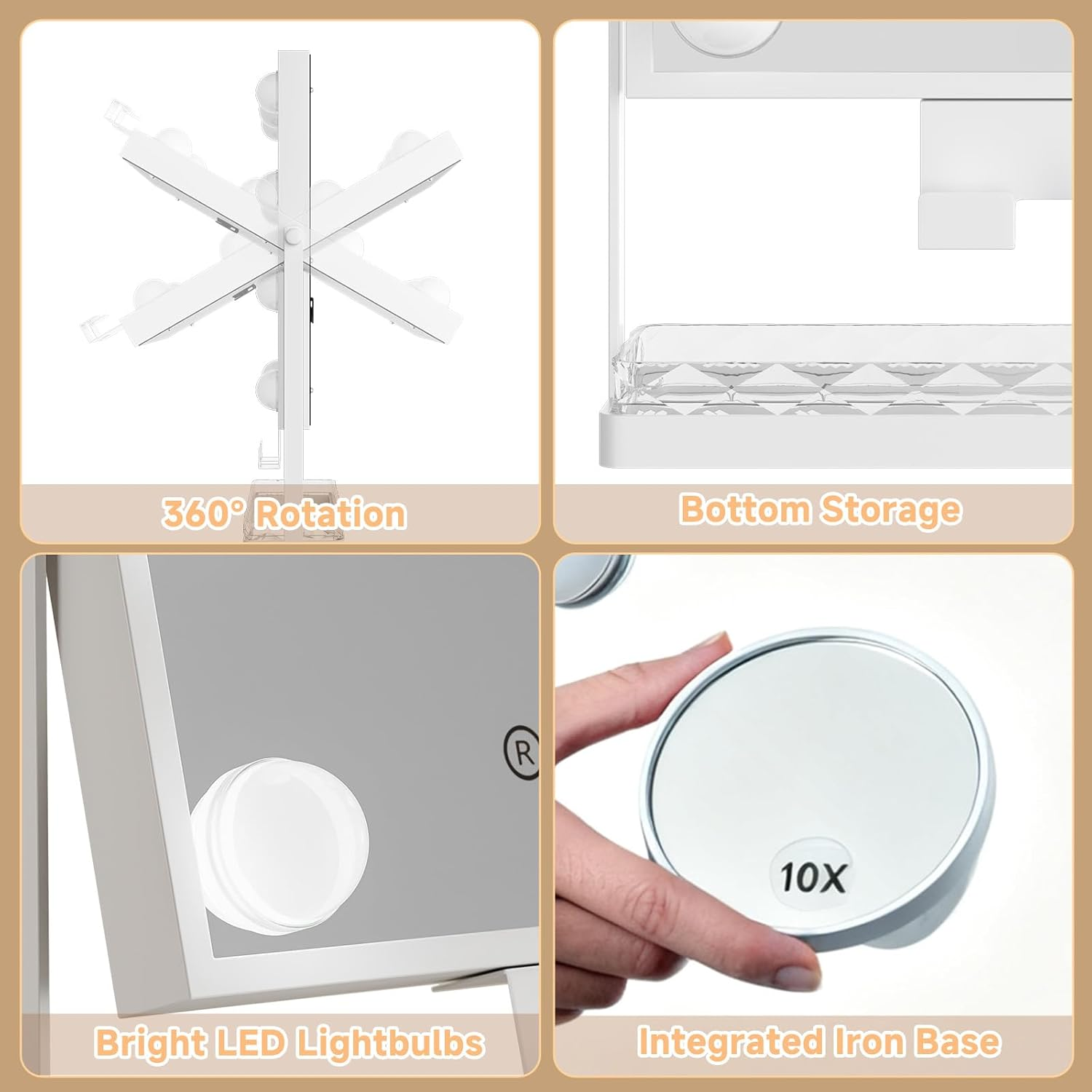 AOBOSI Vanity Mirror with Detachable 10X Magnifying Mirror, Hollywood Makeup Mirror with 9 Dimmable Bulbs, 3 Color Lights, Adjustable Brightness, 360&deg; Rotation, Storage Base & Phone Holder, White image number 4