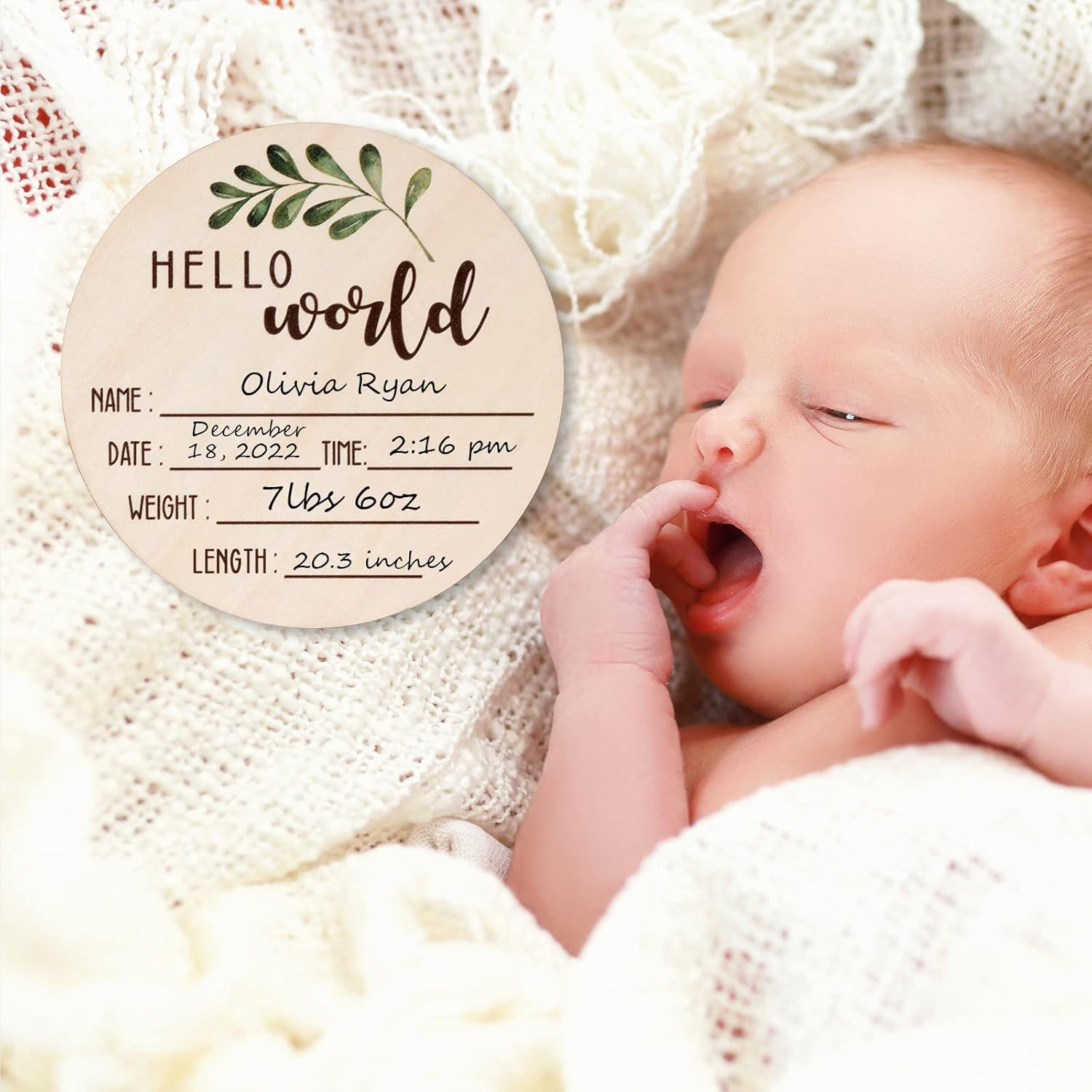 Baby Announcement Sign for Newborn - Beautiful Double-Sided Hello World Name Sign for Hospital Birth Announcement, the Perfect round Wooden Welcome Baby Board for New Boy and Girl Gifts image number 6