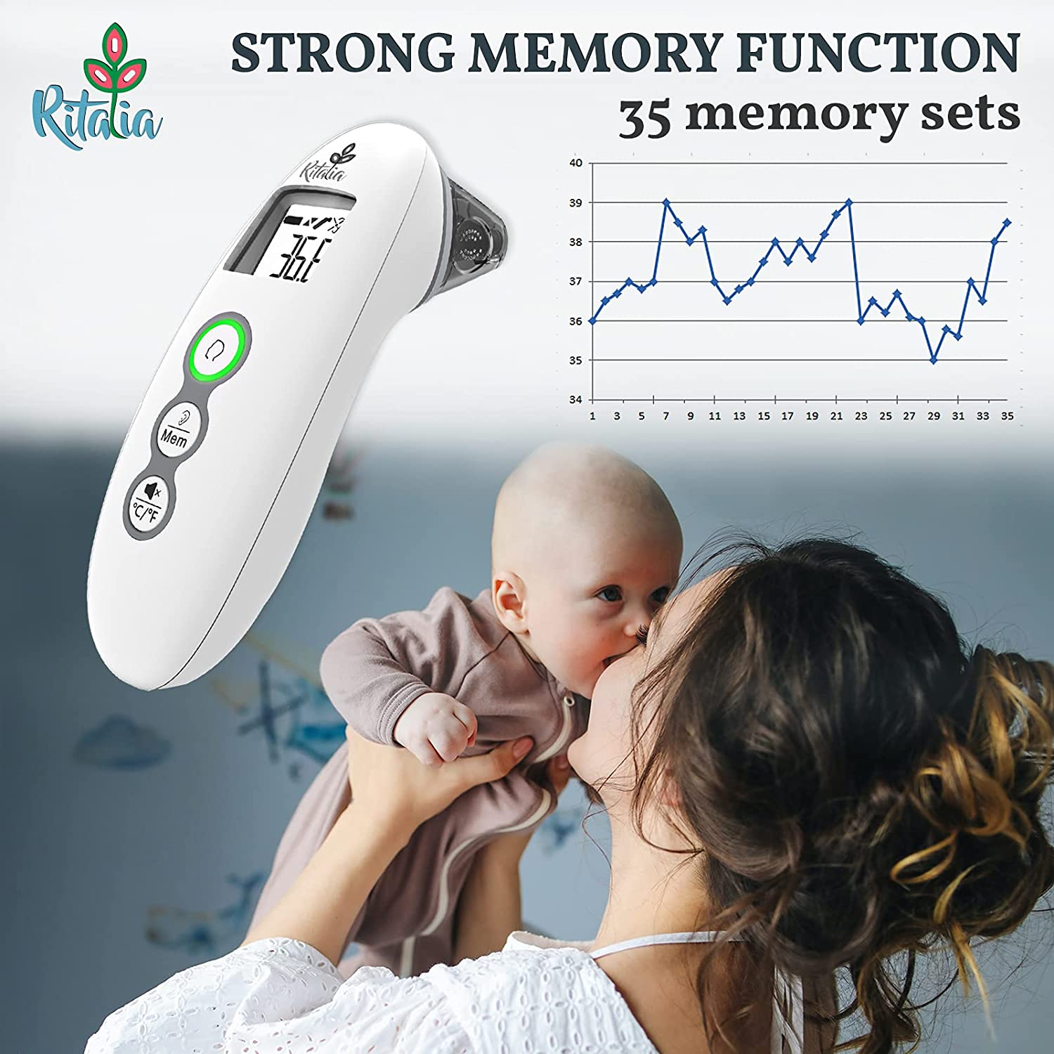 Ritalia&reg; Baby Thermometer with Forehead and Ear Mode for Adults Babies Toddlers and Infants - Touch-Free Operation, Rapid 1-Second Digital Thermometer for Accurate Readings Fever Alert image number 2