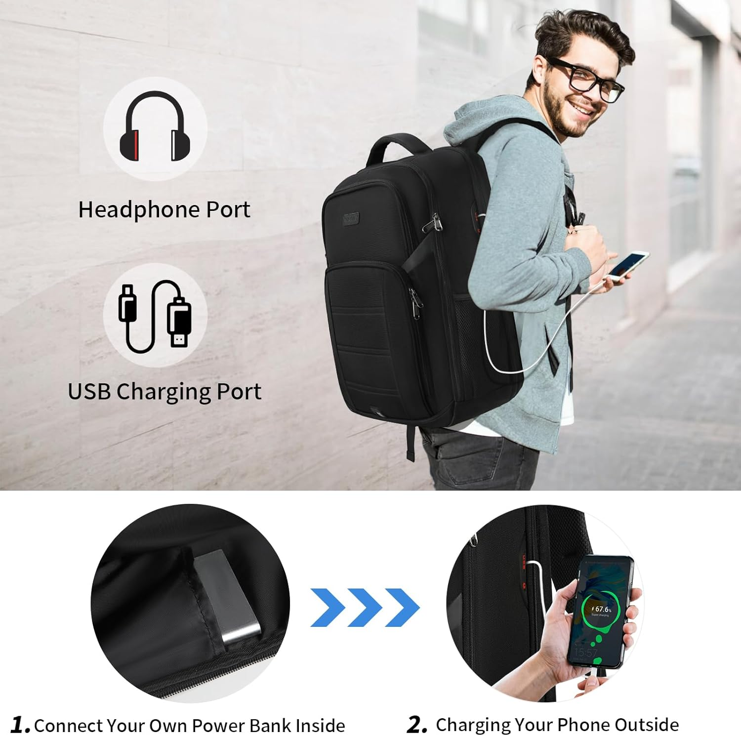 Travel Backpack Laptop Backpack 15.6 Inch Waterproof Large Computer Bag Work Business College Backpack Bookbag for Men Women TSA Friendly Carry on Backpack with USB Hole, Black image number 3