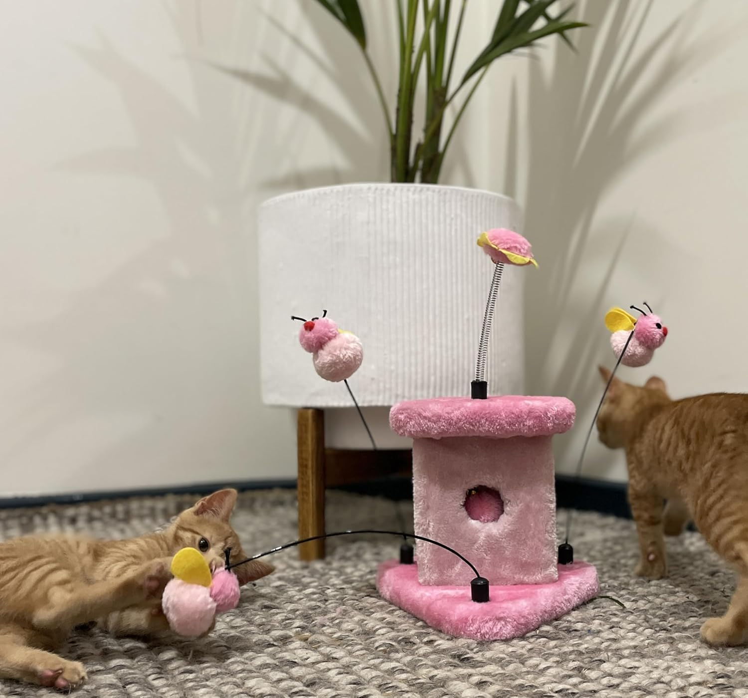Cattitude Pounce N Play Cat Scratch Post Busybee Pink, Pink, 35Cm Height - Cat House, Spring-Loaded Teaser, Soft Plush Material image number 3