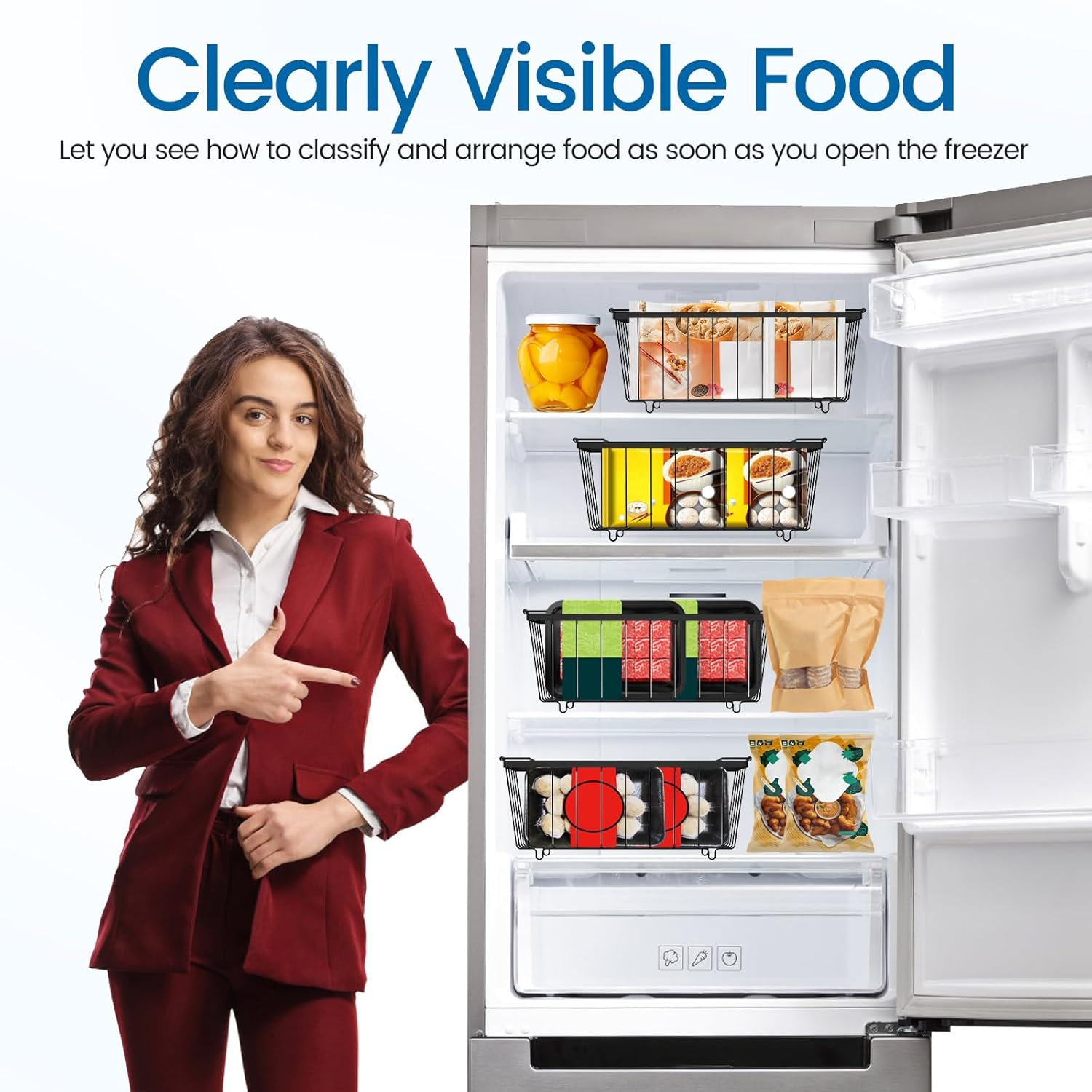 4 Pack Freezer Organizer Bins, Stackable Deep Freezer Organizer Bins, Chest Freezer Baskets for Sorting Frozen Meats and Food, Freezer Storage Basket with Foldable Handles image number 6