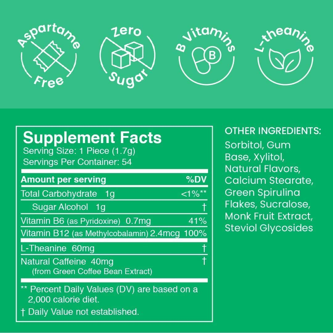 Neuro Energy Caffeine Gum (54 Pieces) - Sugar Free with L-Theanine + Natural Caffeine + Vitamin B12 & B6 - Nootropic Energy & Focus Supplement for Women & Men - Keto & Vegan, Spearmint Flavor