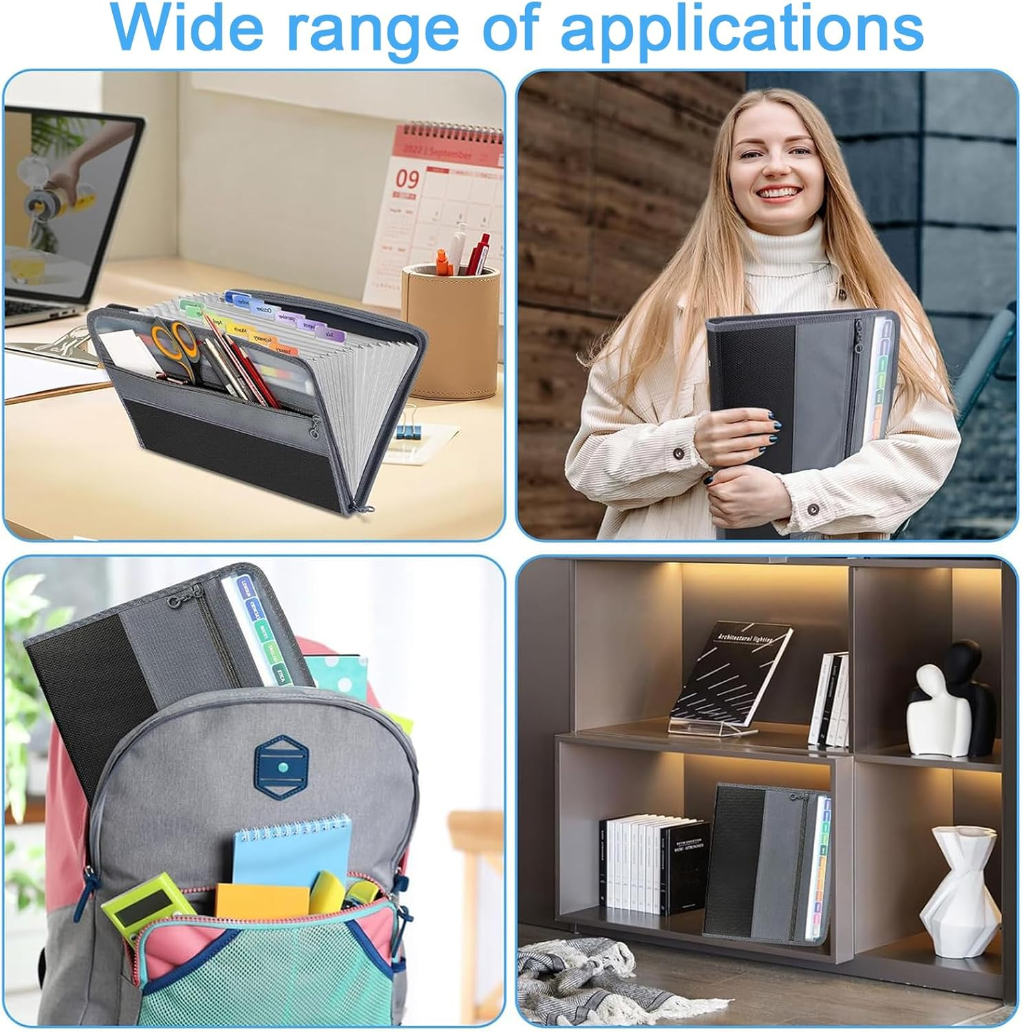 KIDUO Document Organizing Folders,File Folders with 13 Plastic Pockets,Expandable Document Organizer with Sticky Tabs,Portable Letter Size Accordion Document Holder for Invoices,Receipts (Black) image number 1