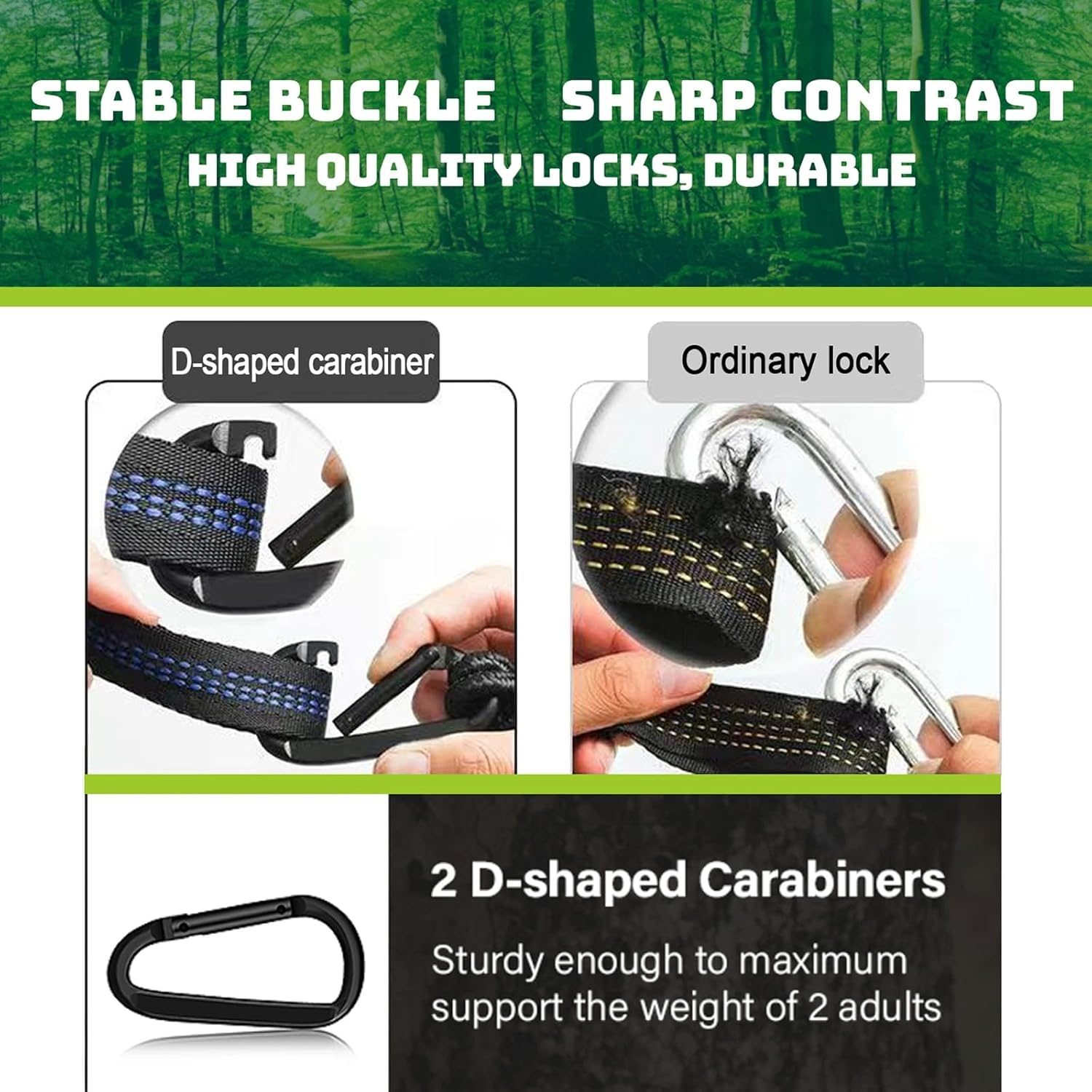 Ultralight Travel Camping Hammock | 450 Lbs Load Capacity, Breathable, Quick-Drying Parachute Nylon | 2 X Premium Carabiners, 2 X Nylon Slings Included | Suitable for Outdoor and Indoor Gardens image number 3