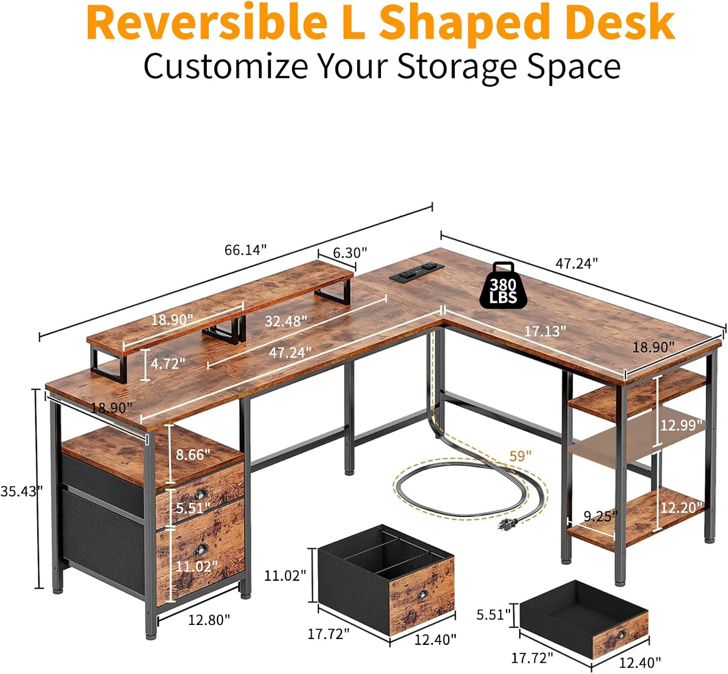 Yildue 66Inch L Shaped Computer Desk with Drawer & Power Outlet, Reversible Corner Desk with Monitor Stands and Storage Shelves, Rustic Wooden Office Desk for Work Gaming image number 1