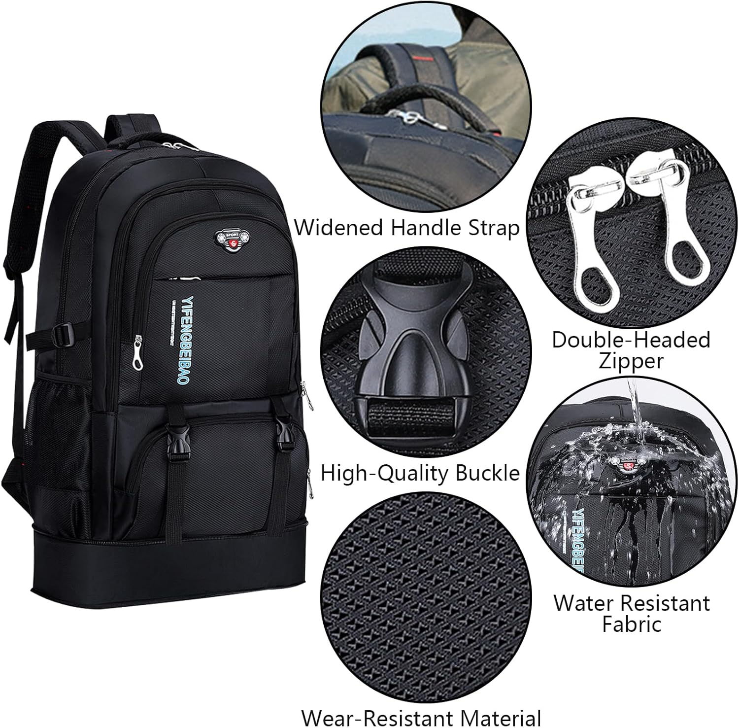 Wesoke 65L Hiking Backpack Black, Expandable Travel Hiking Daypacks, Waterproof Large Camping Backpack for Men Women, Foldable Lightweight Outdoor Sport Backpacking Backpack for Climbing Touringr